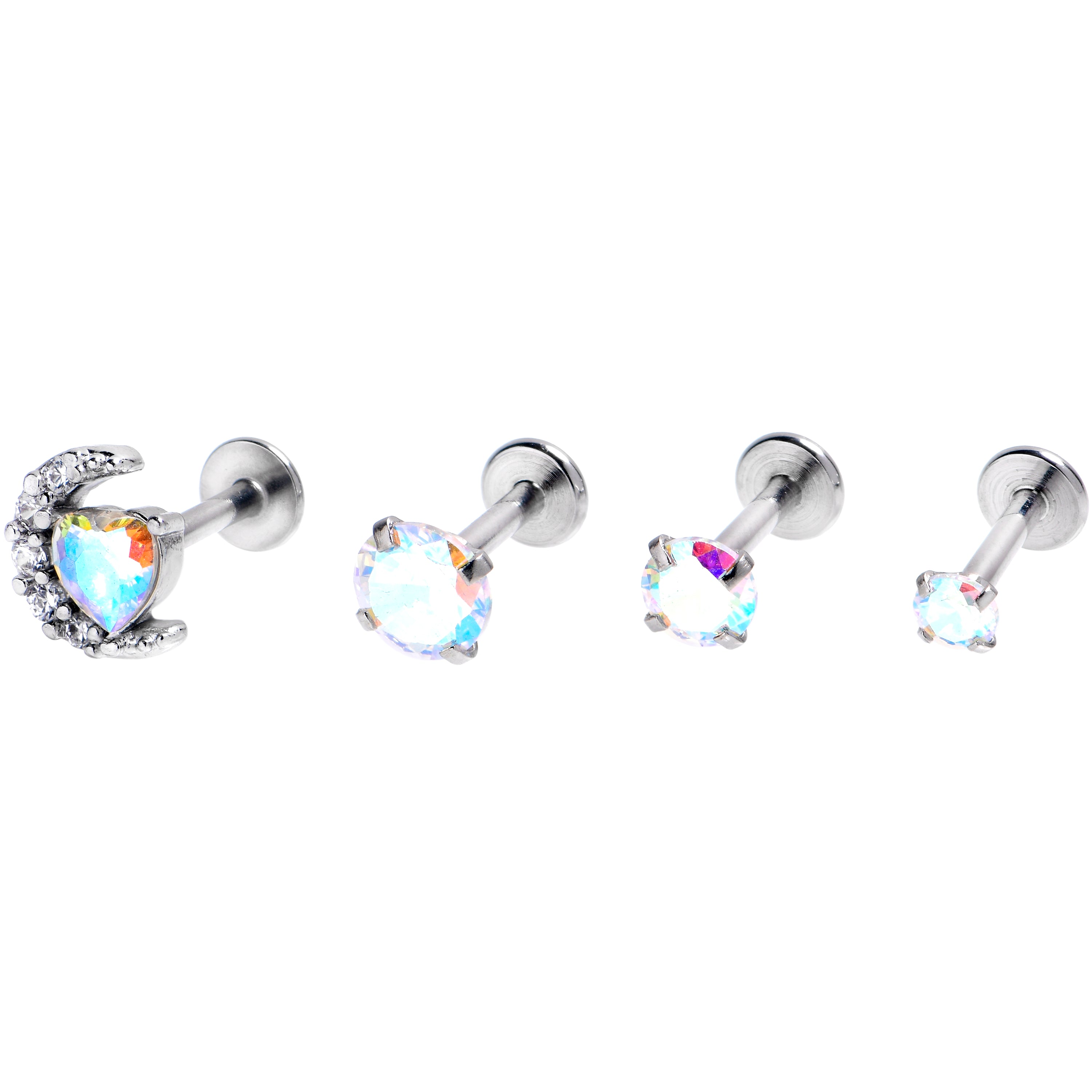 16G 1/4 Aurora Gem Moon Heart Labret Set of 4