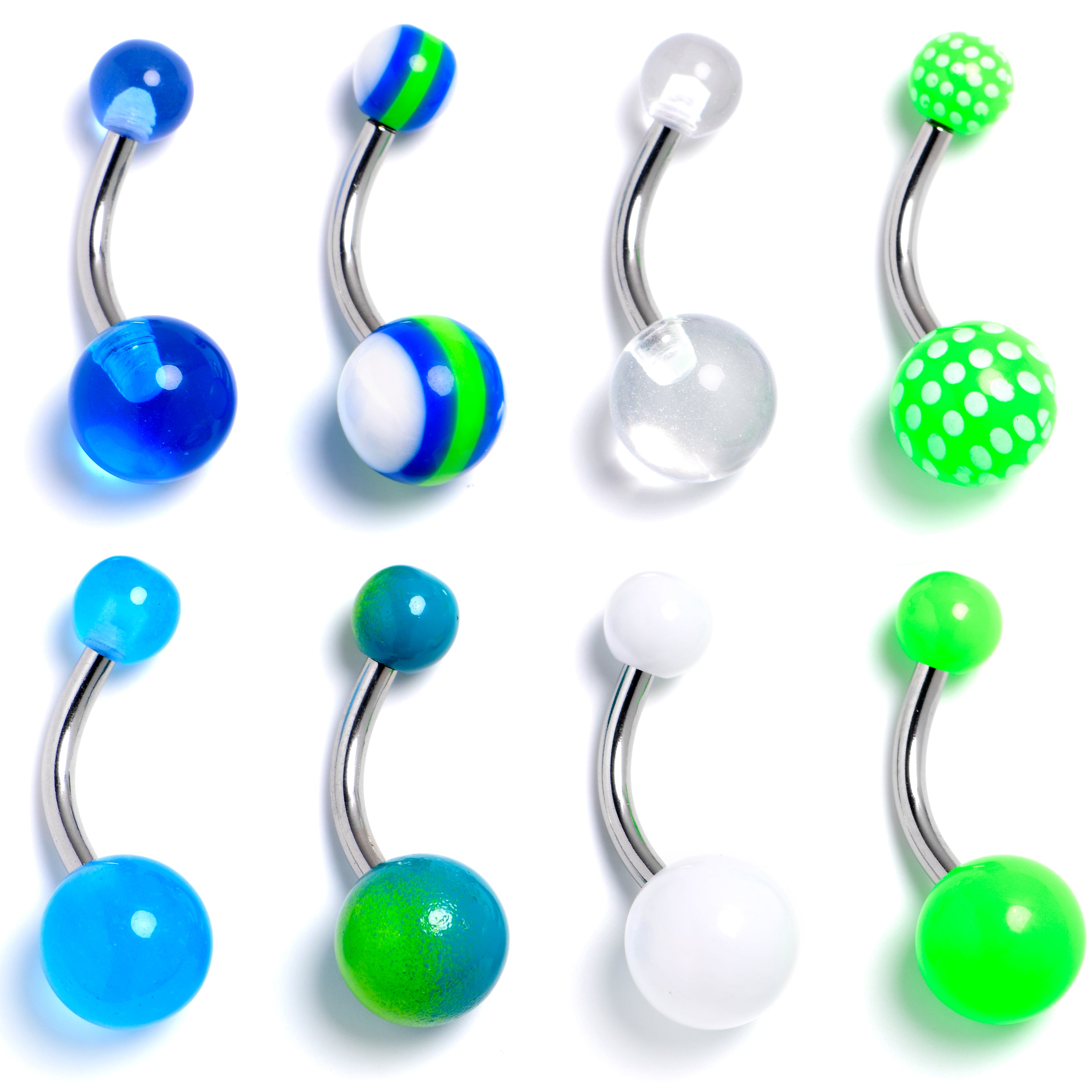Blue White Green Belly Ring Set of 8