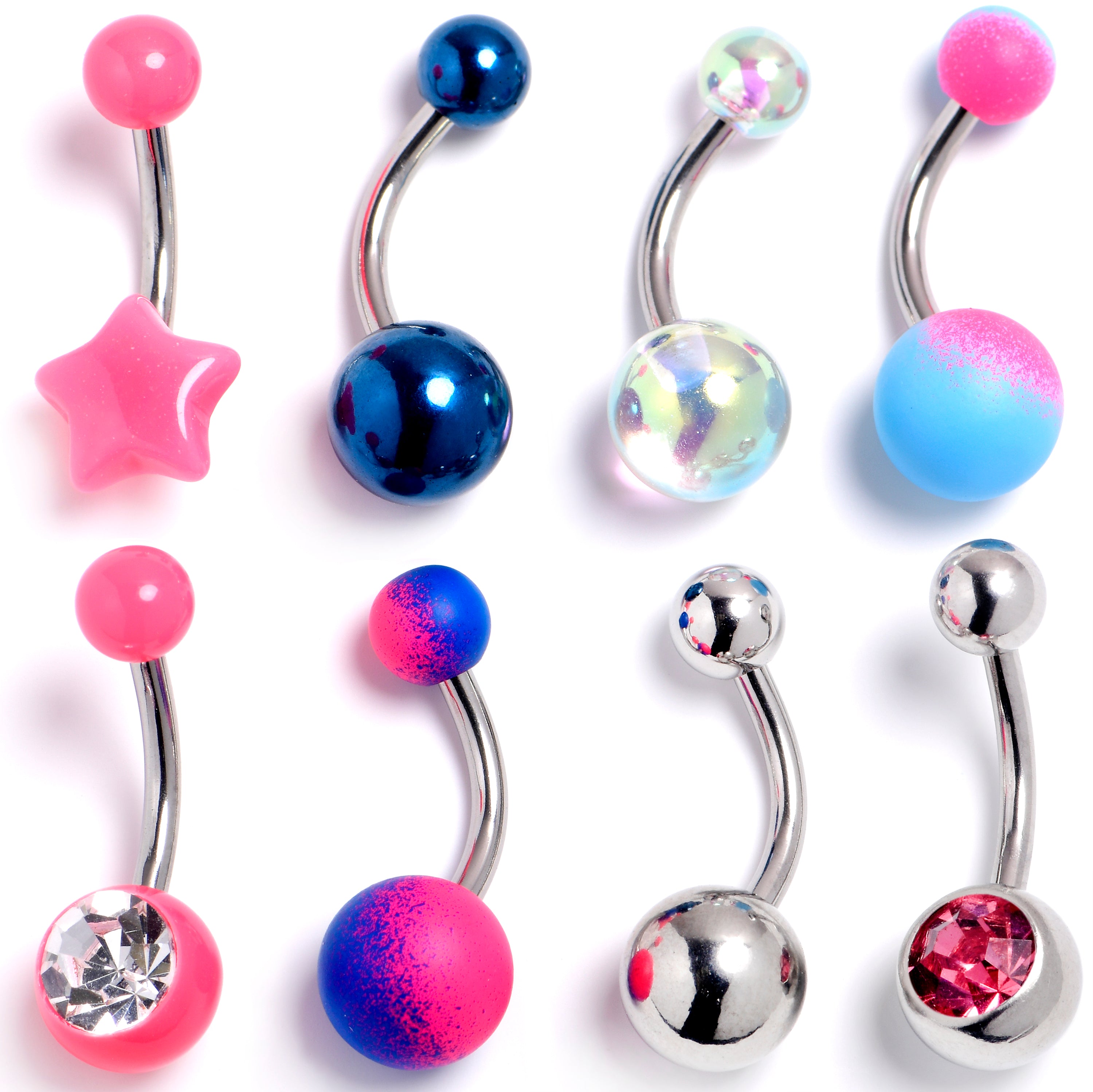 Pink Clear Gem Purple Blue Belly Ring Set of 8