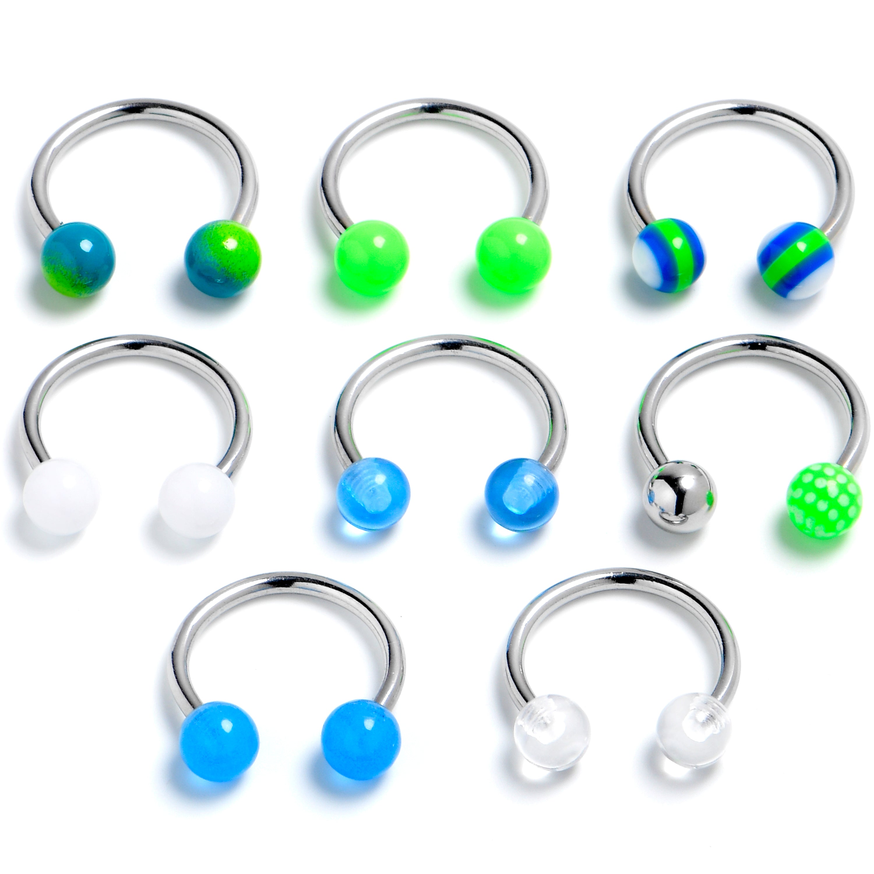 16G 3/8 Blue White Green Horseshoe Circular Barbell Set of 8