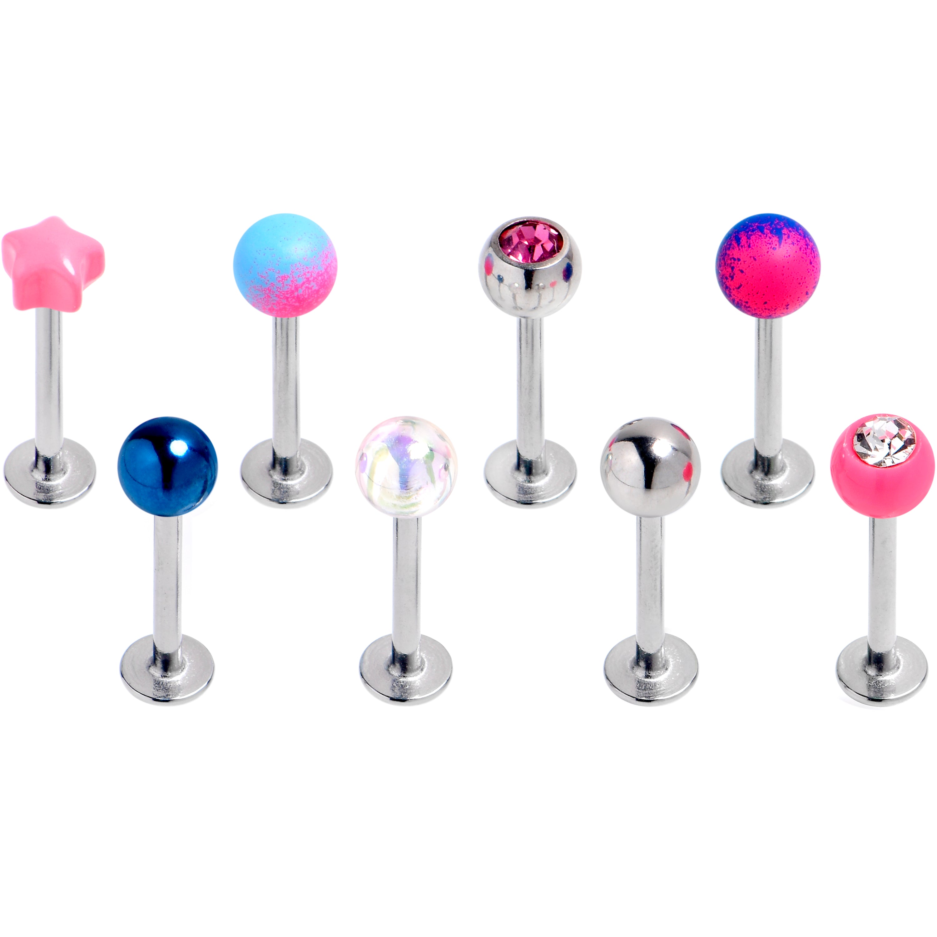 16G 5/16 Pink Gem Purple Blue Labret Monroe Tragus Set of 8
