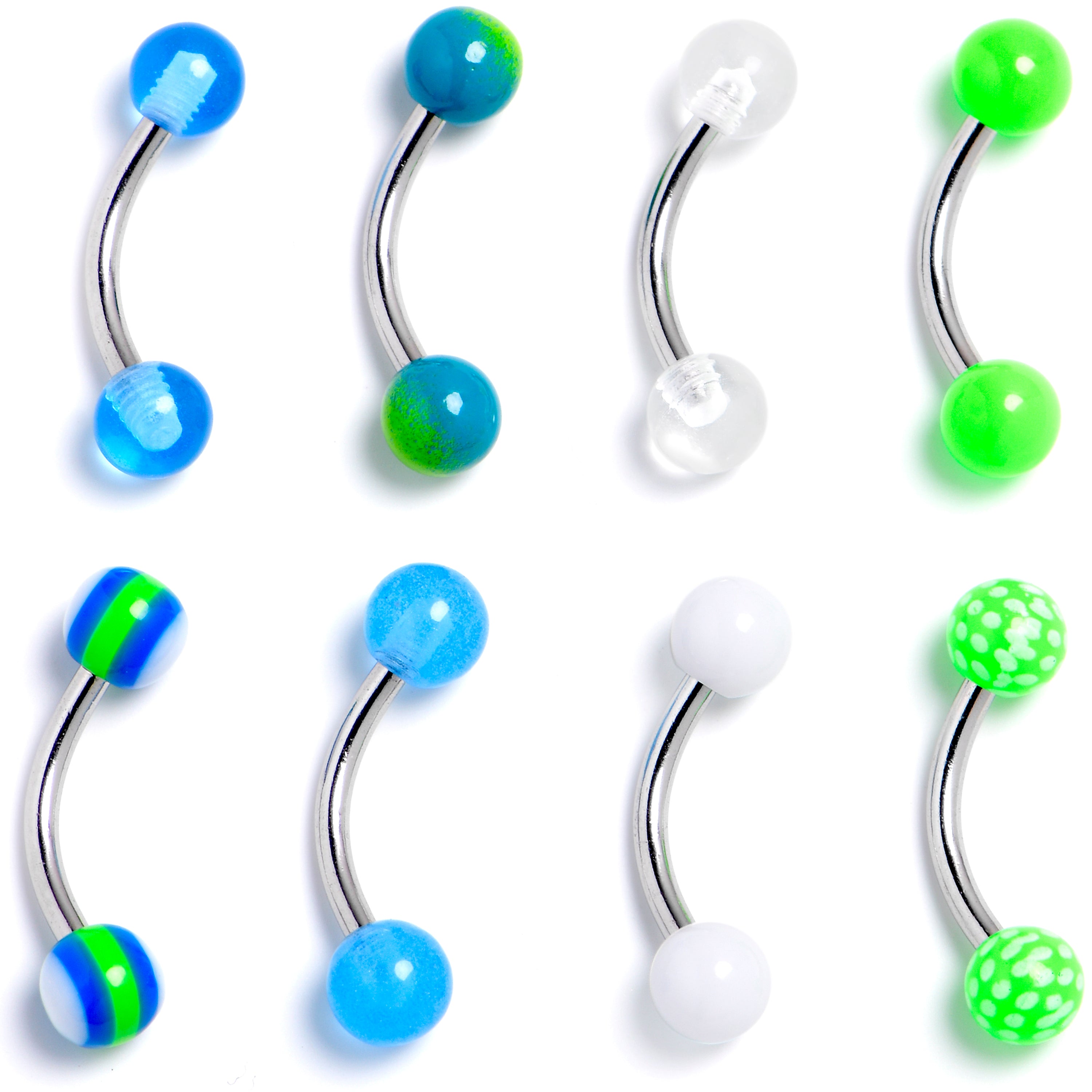 16G 5/16 Multi Blue White Green Curved Eyebrow Ring Set of 8