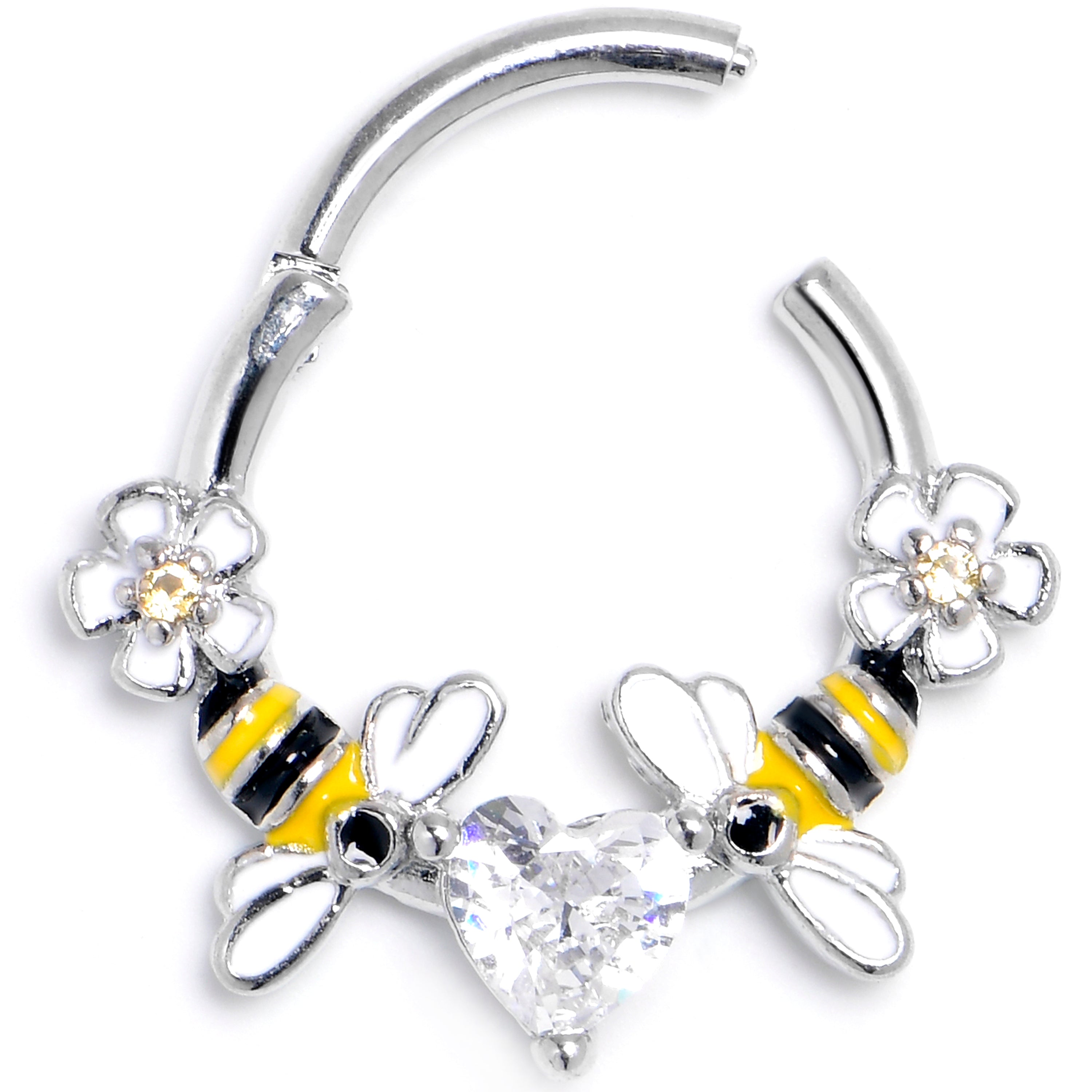 16G 3/8 Clear CZ Gem Bee Heart Flower Love Hinged Segment Ring