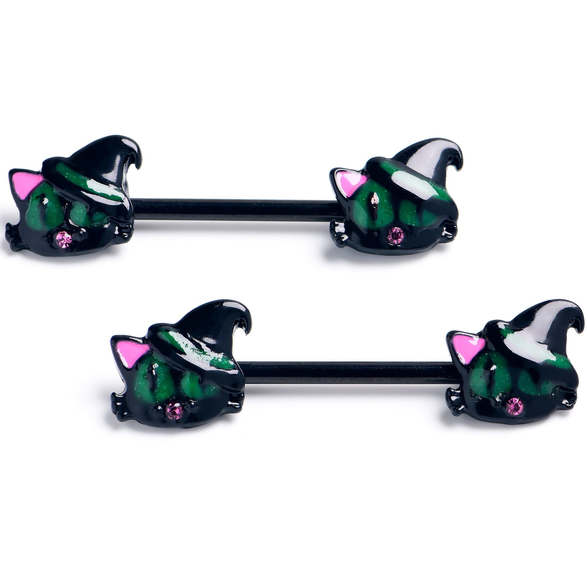 14 Gauge 9/16 Pink Gem Black Halloween Hat Cat Barbell Nipple Ring Set
