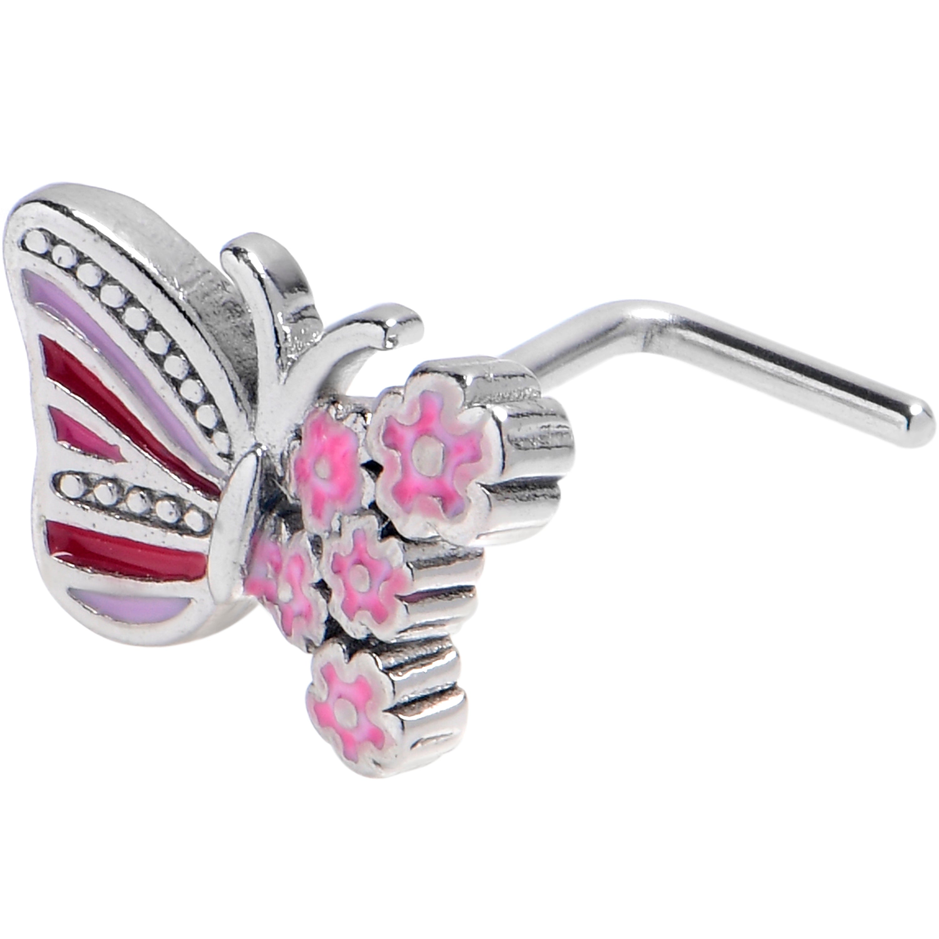 20G 7mm Flowery Butterfly Pink L Shape Nose Ring