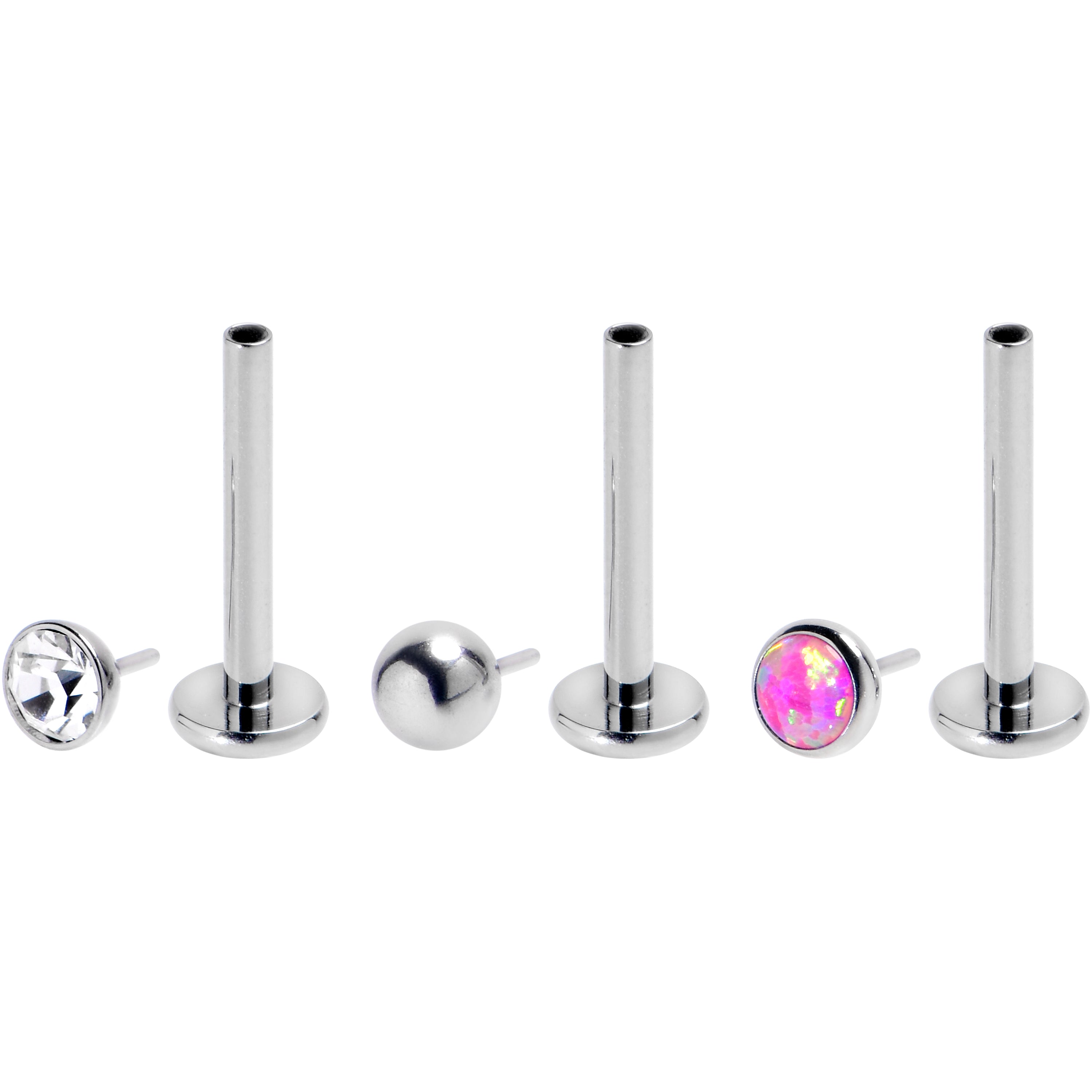 16 Gauge 3/8 Pink Synthetic Opal G23 Titanium Threadless Push In Labret Set of 3