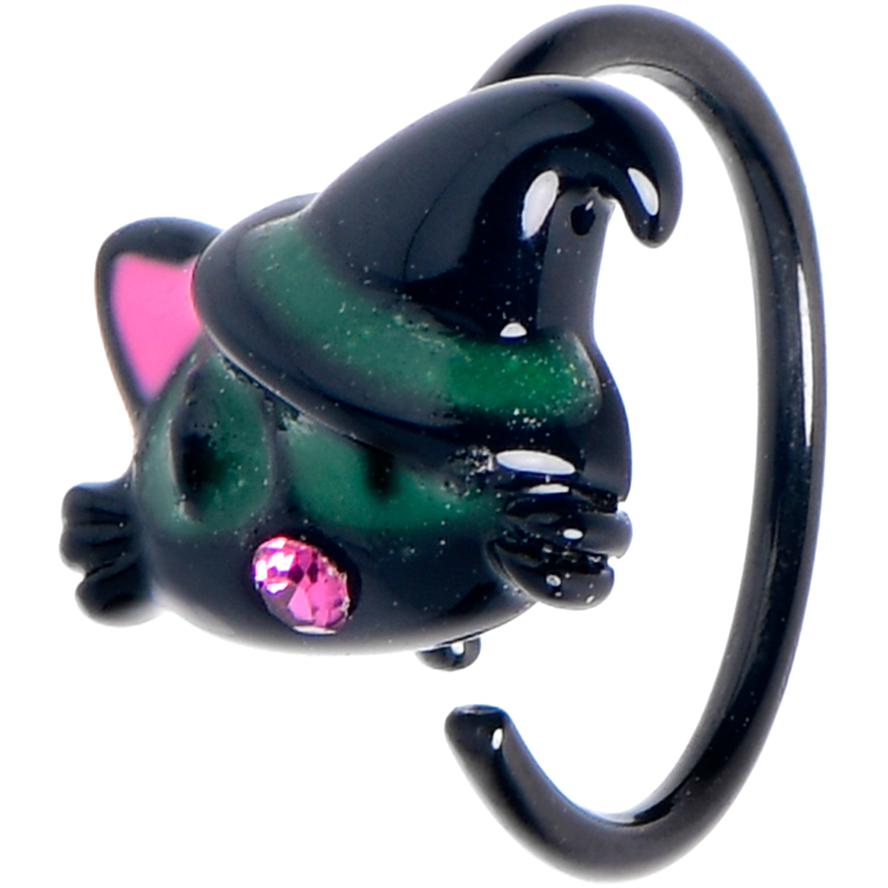 20 Gauge 5/16 Pink Gem Black Halloween Hat Cat Nose Hoop
