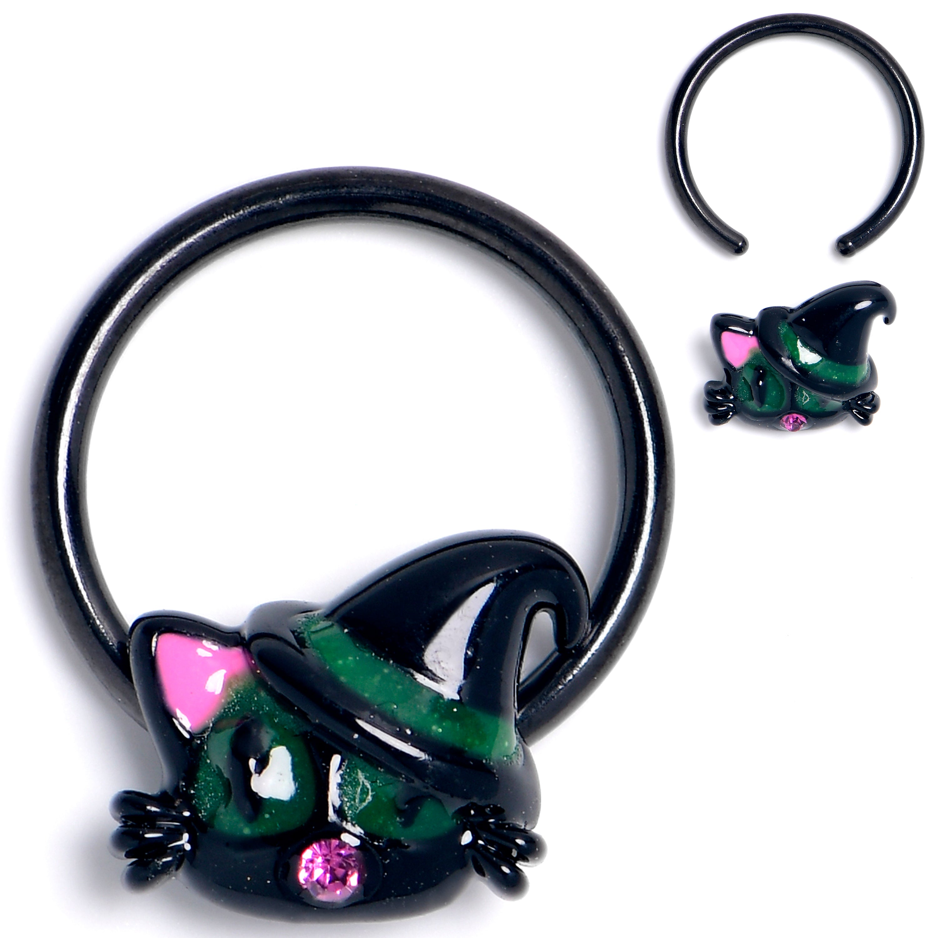 16 Gauge 3/8 Pink Gem Black Halloween Hat Cat BCR Captive Ring