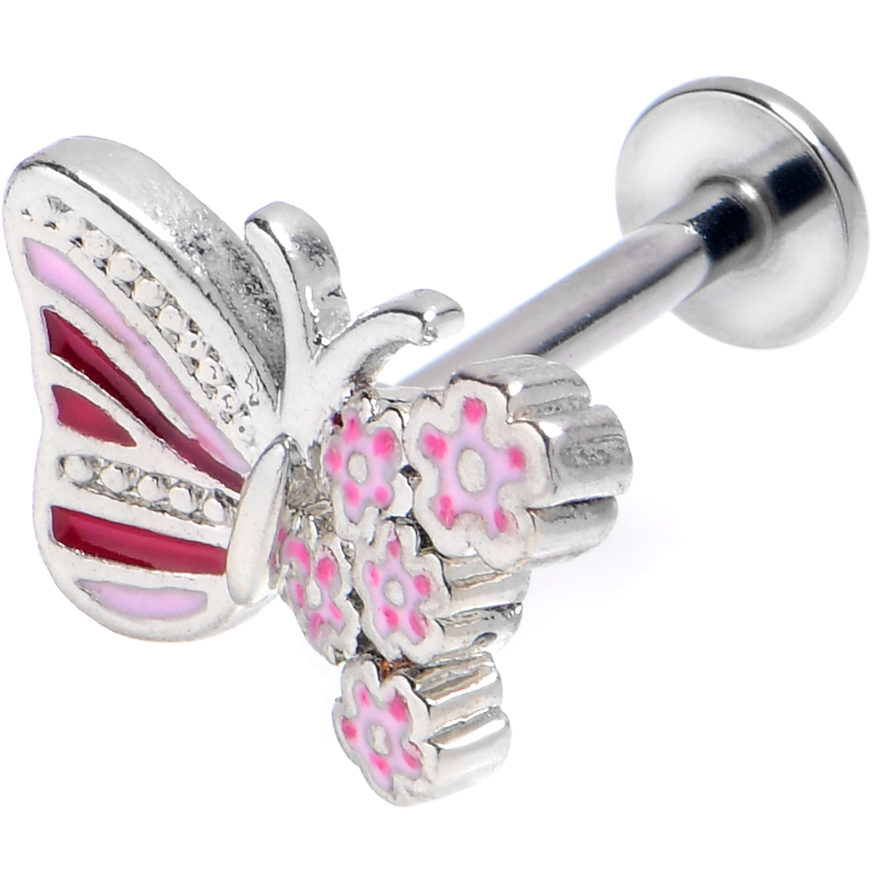 16G 5/16 Flowery Butterfly Pink Labret Monroe Tragus