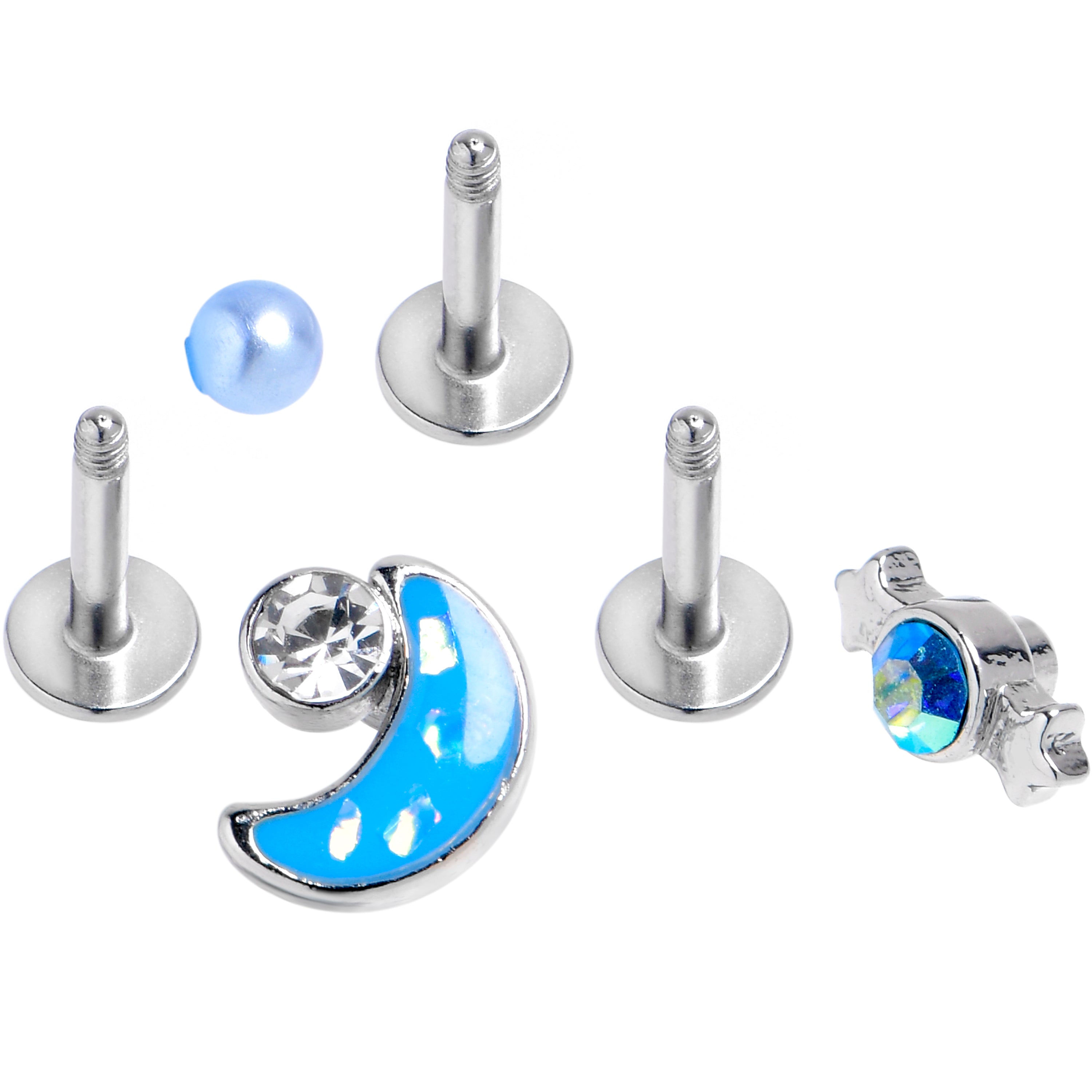 16G 1/4 Clear Aurora CZ Gem Moon Candy Labret Tragus Curation Set of 3
