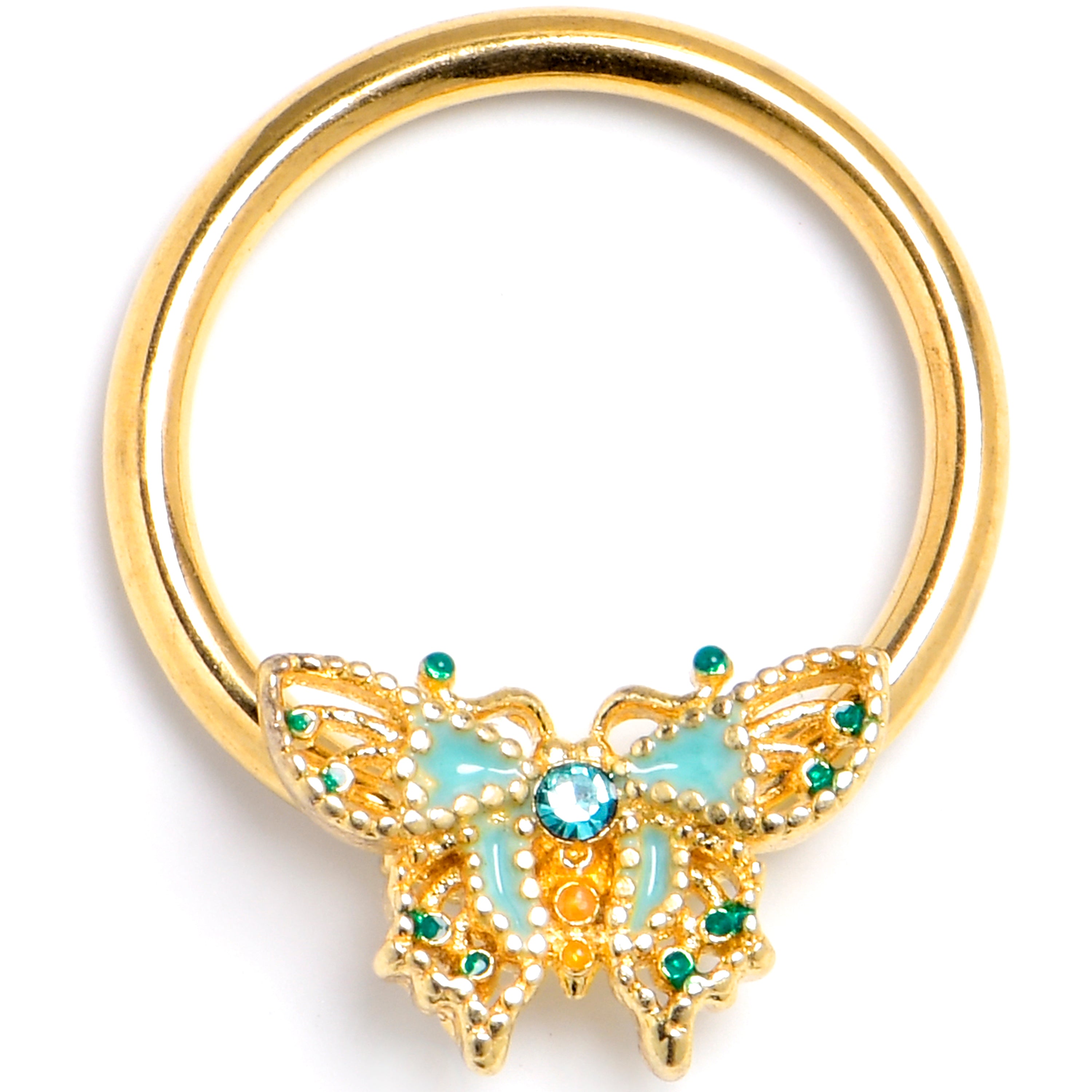 16G 3/8 Blue Gem Gold Tone Rococo Butterfly BCR Captive Ring