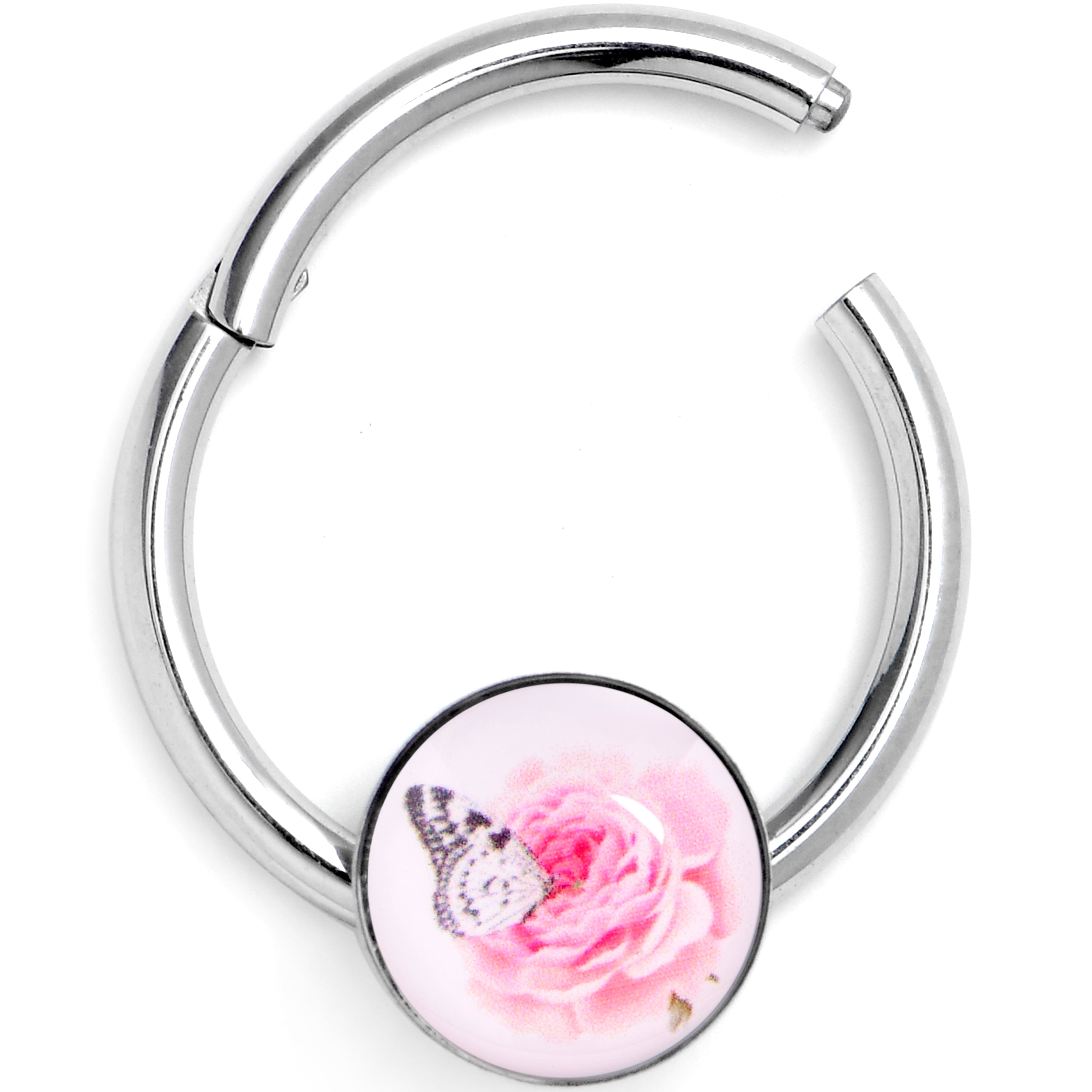 16G 3/8 Butterfly Pink Rose Hinged Segment Ring