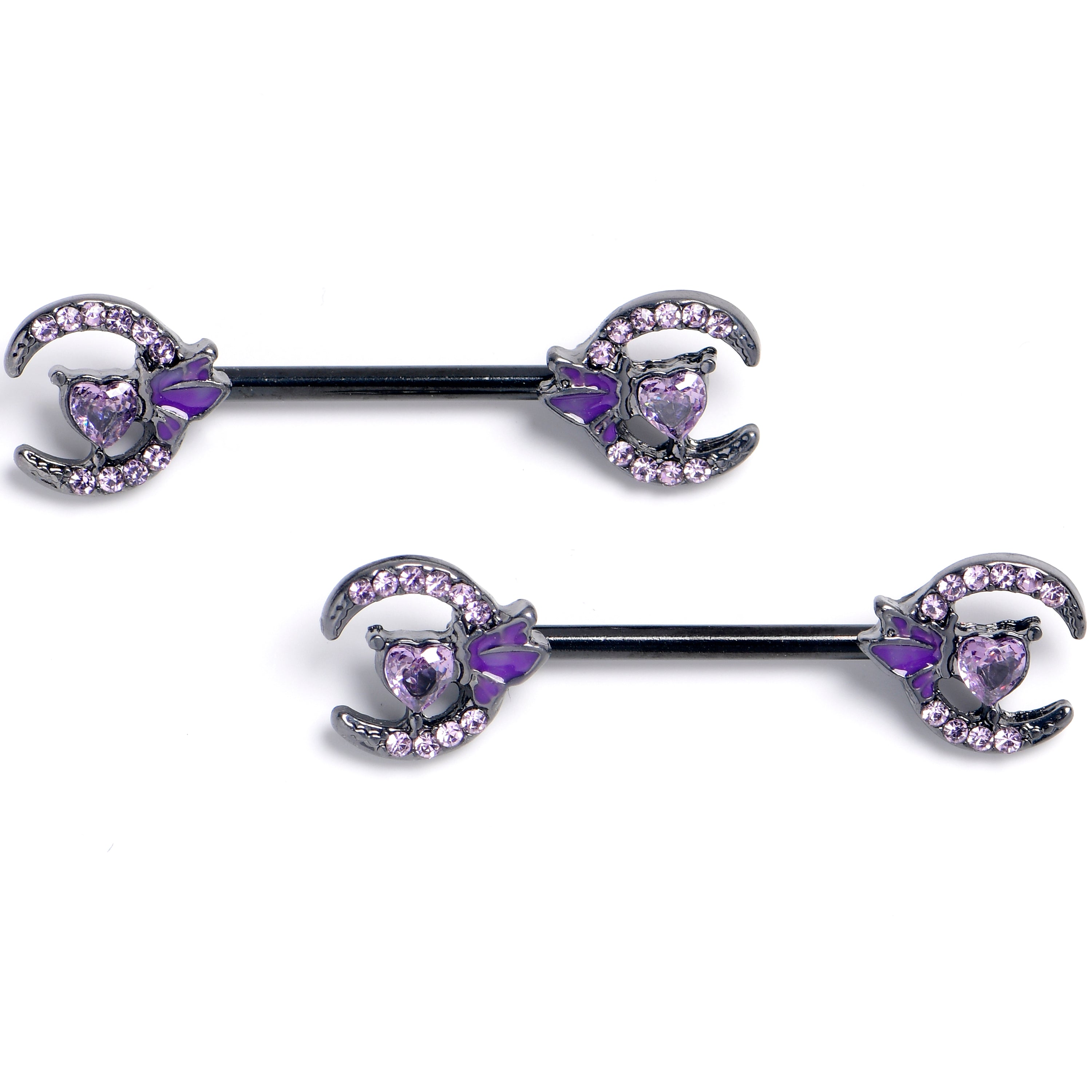 14 Gauge 9/16 Purple Gem Black Butterfly Heart Moon Nipple Ring Set