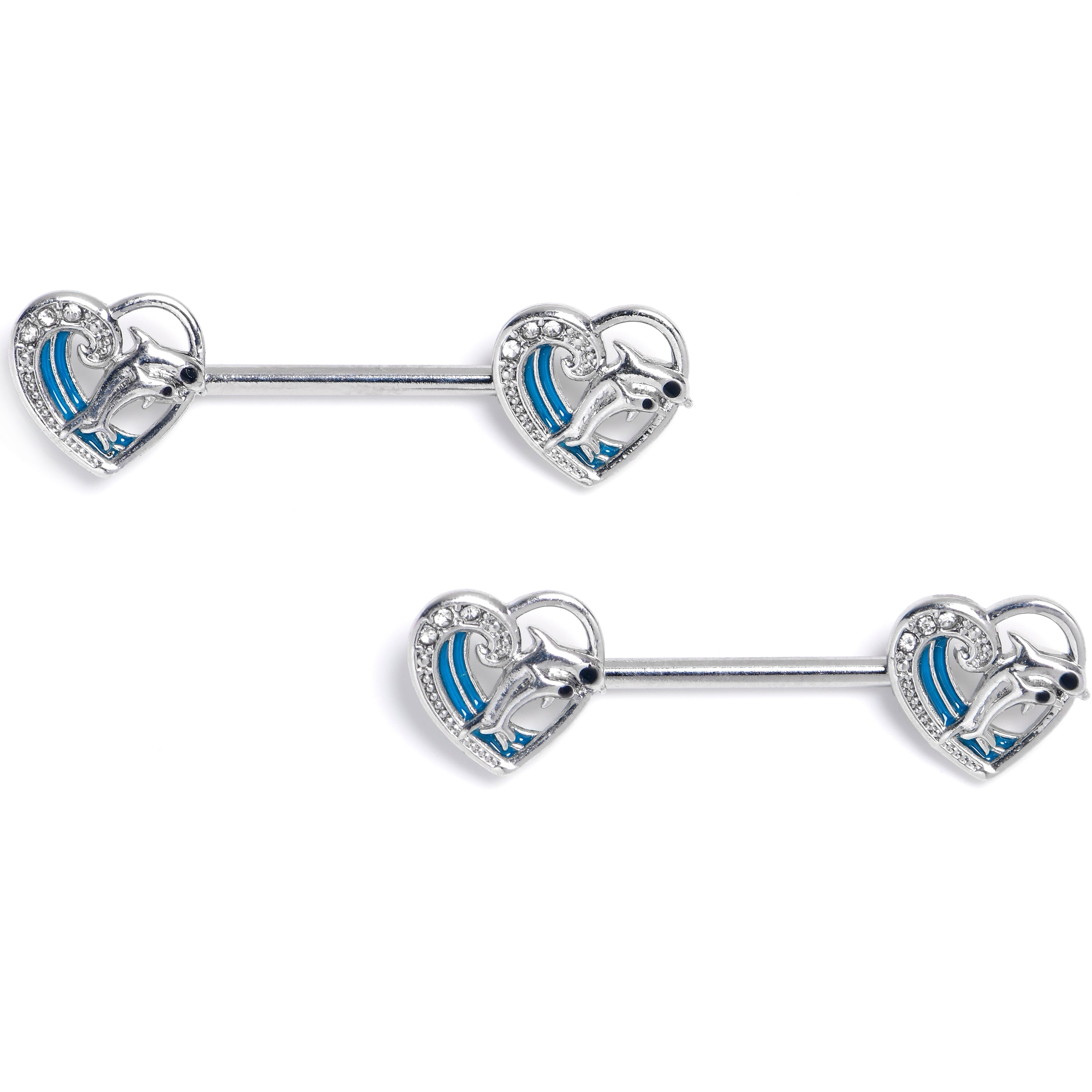 14G 9/16 Clear Gem Dolphin Heart Delight Barbell Nipple Ring Set