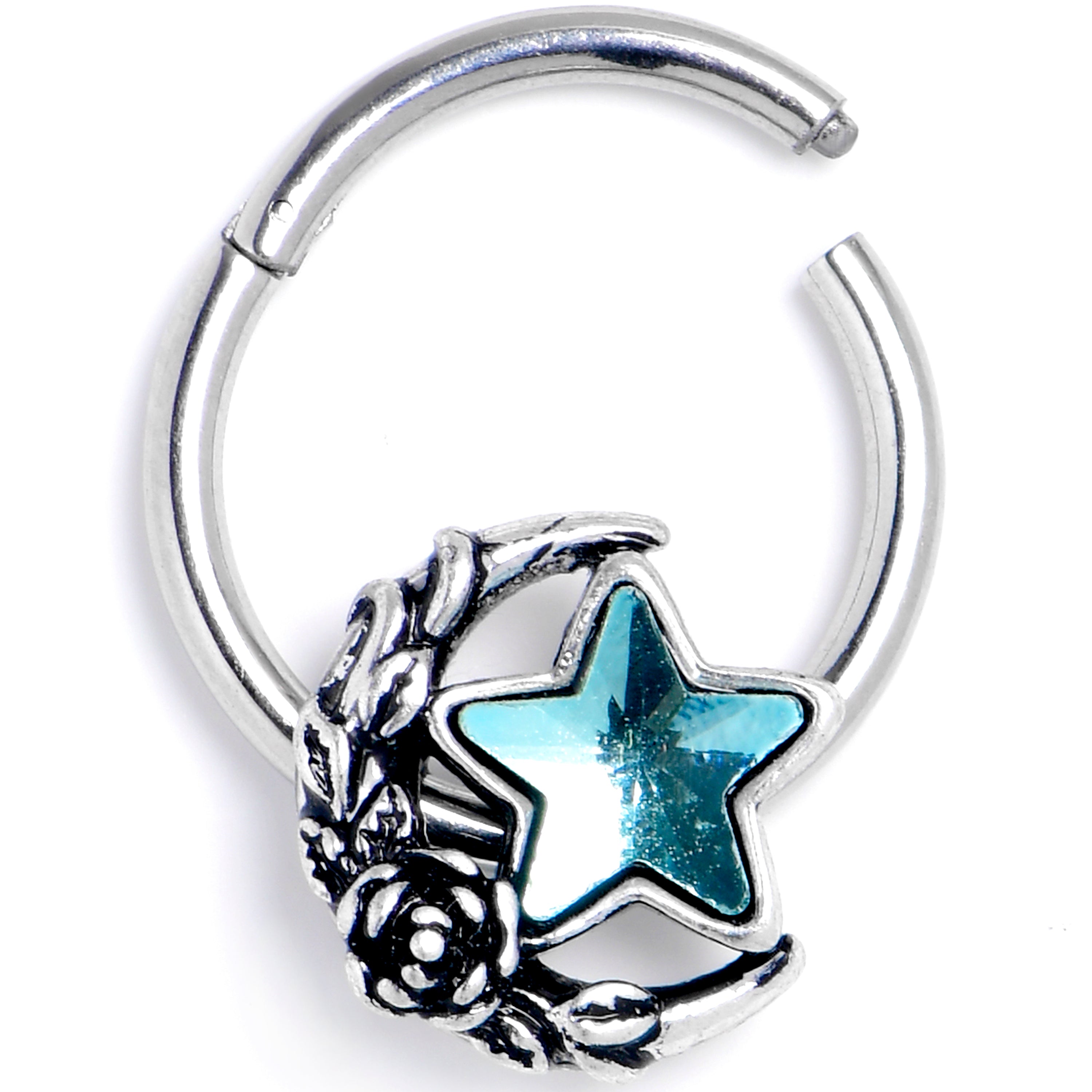 16G 3/8 Blue Gem Ornate Moon Star Hinged Segment Ring