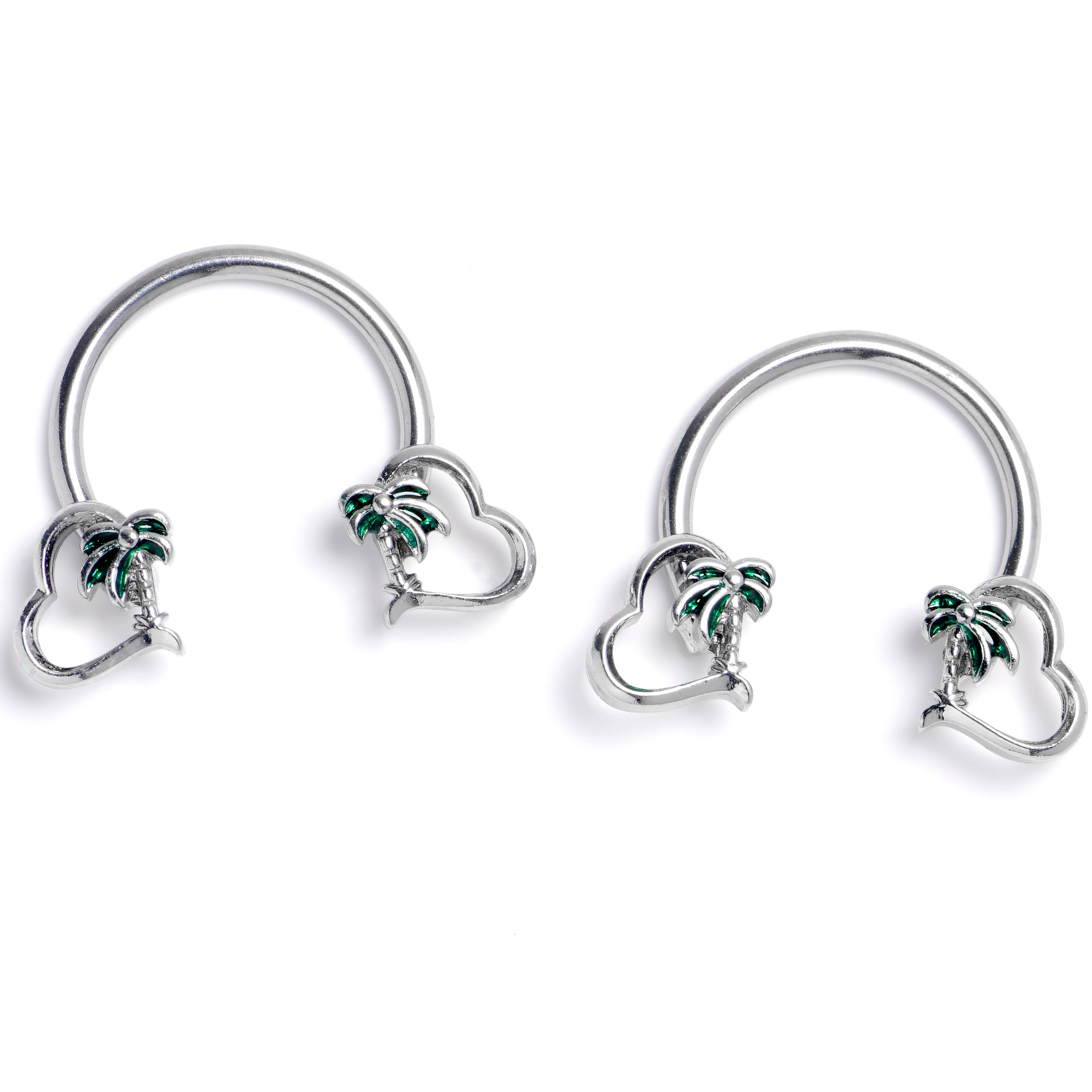 14G 9/16 Palm Tree Love Horseshoe Nipple Ring Set