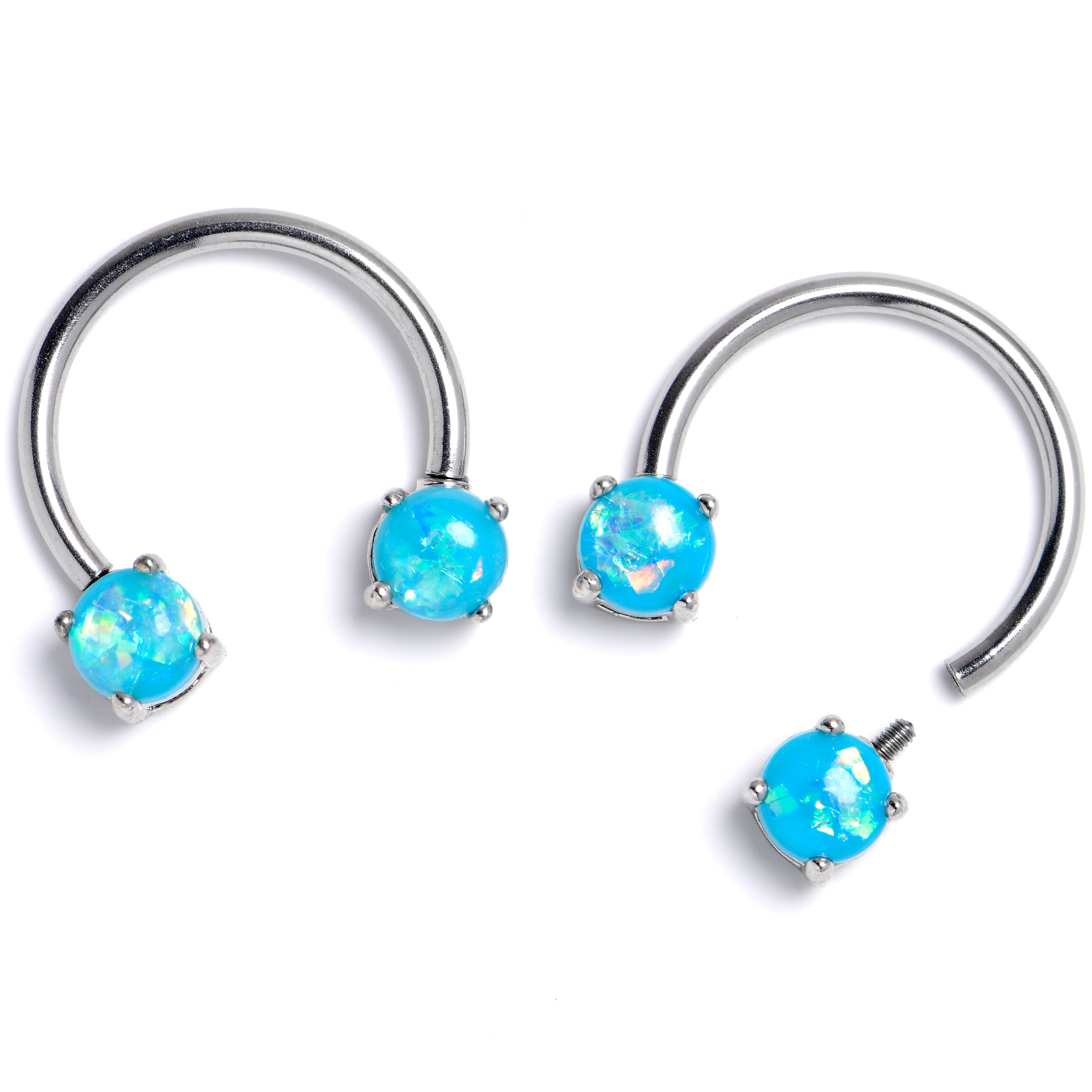 14 Gauge 9/16 Blue Faux Opal Internally Threaded Horseshoe Nipple Ring Set