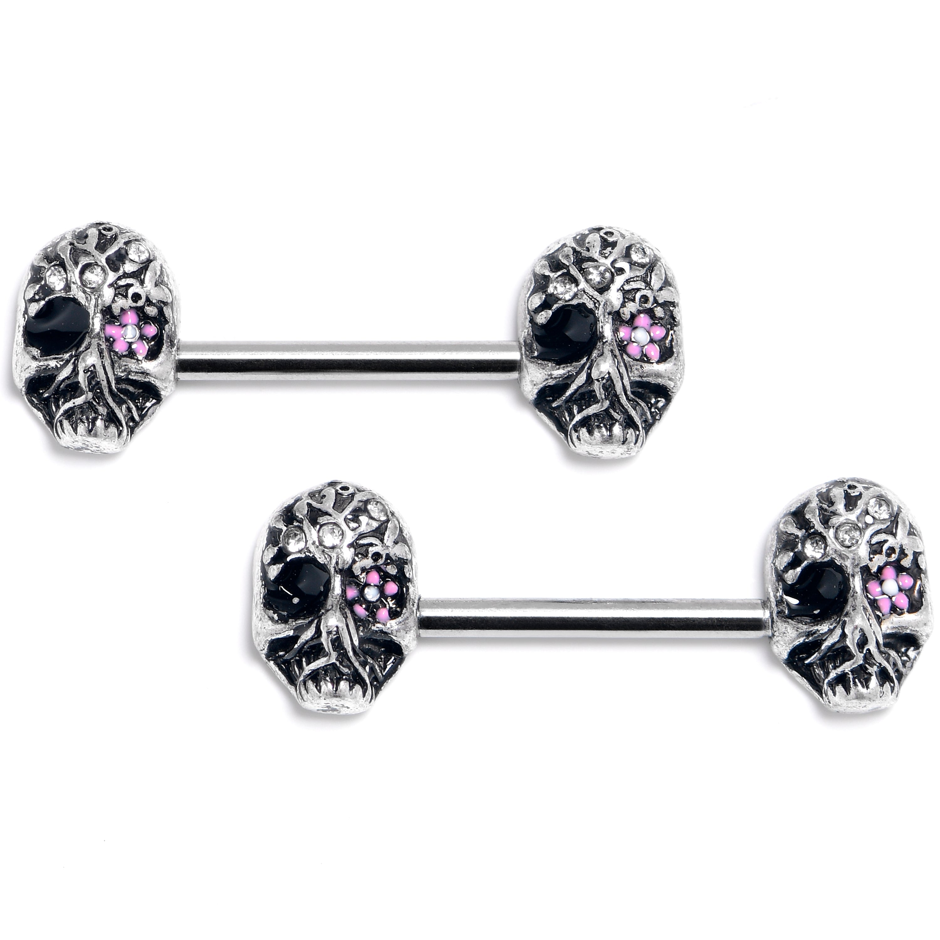 14G 9/16 Clear Gem Stylish Skull Barbell Nipple Ring Set