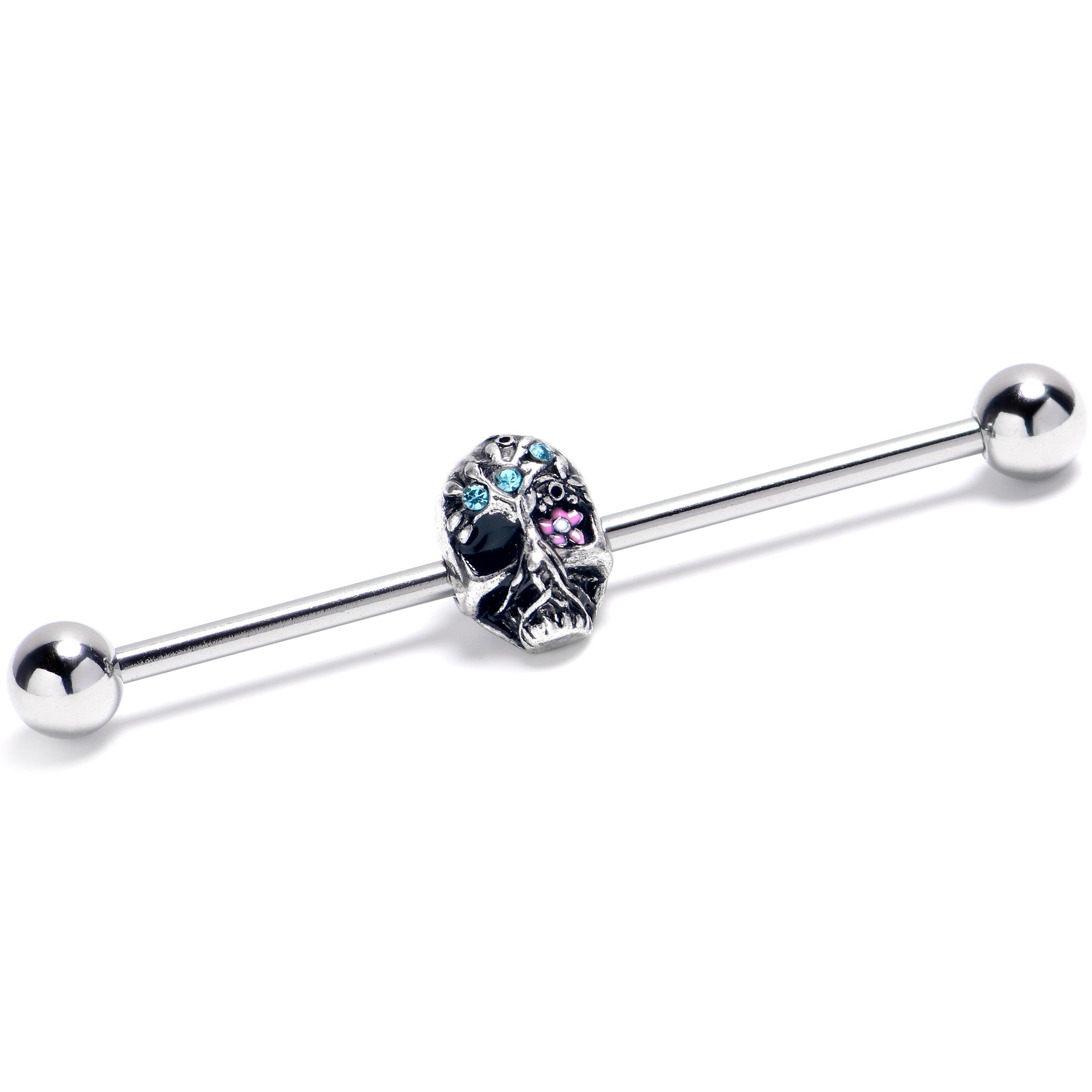 14G Blue CZ Gem Stylish Skull Industrial Barbell 38mm