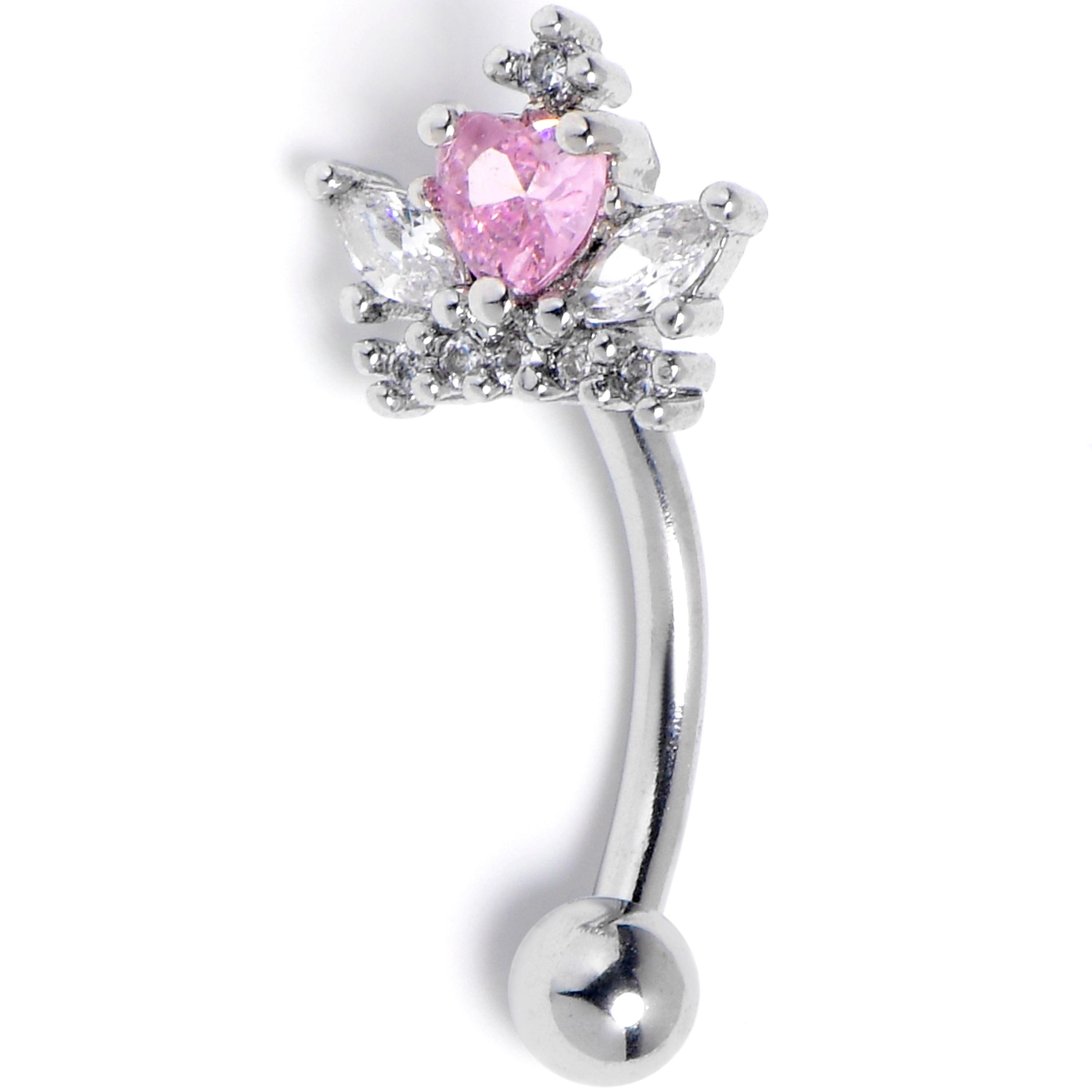 16G 5/16 Pink Clear Gem Crown Heart Curved Eyebrow Ring