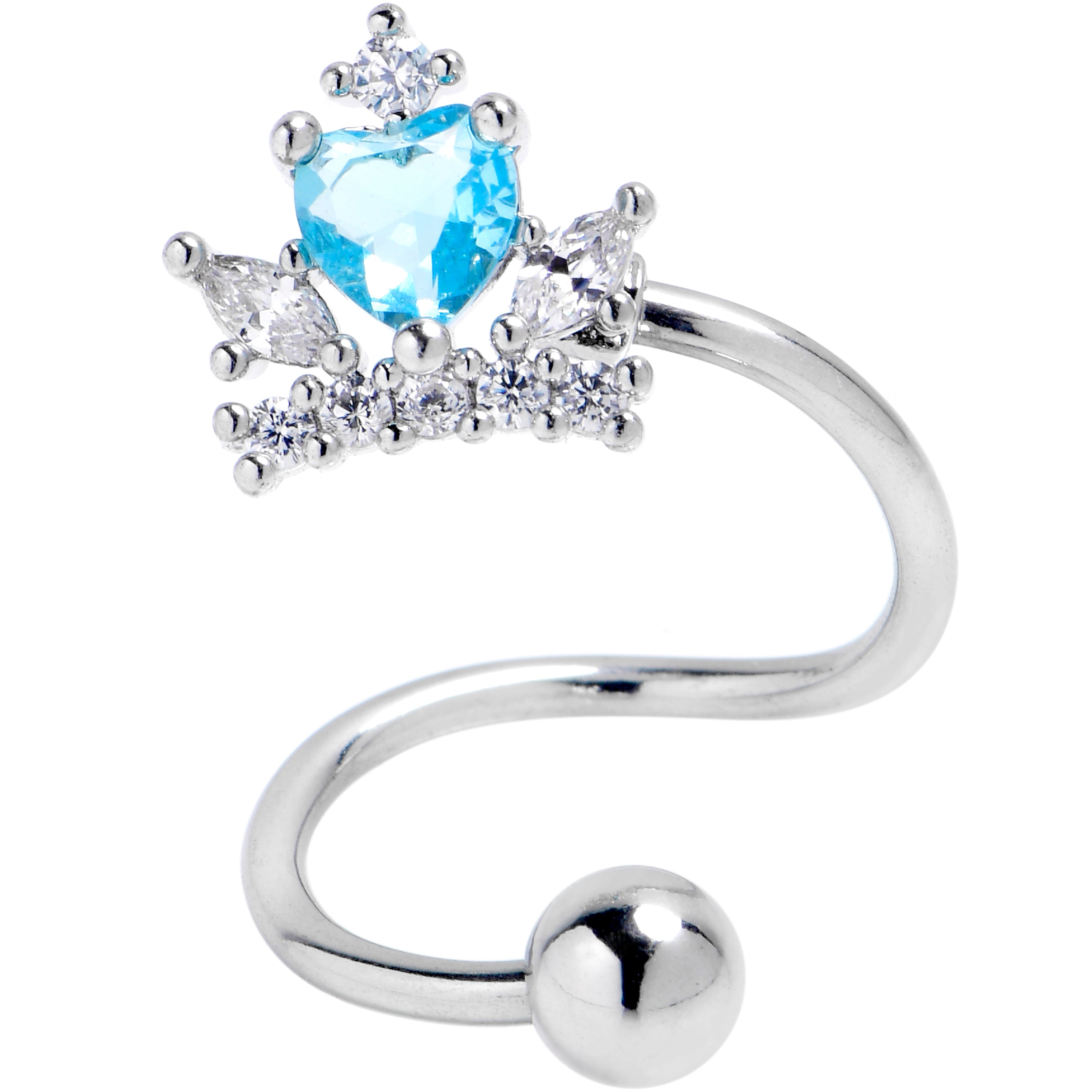 16 Gauge 3/8 Clear Blue Gem Crown Heart Spiral Twister Cartilage Ring