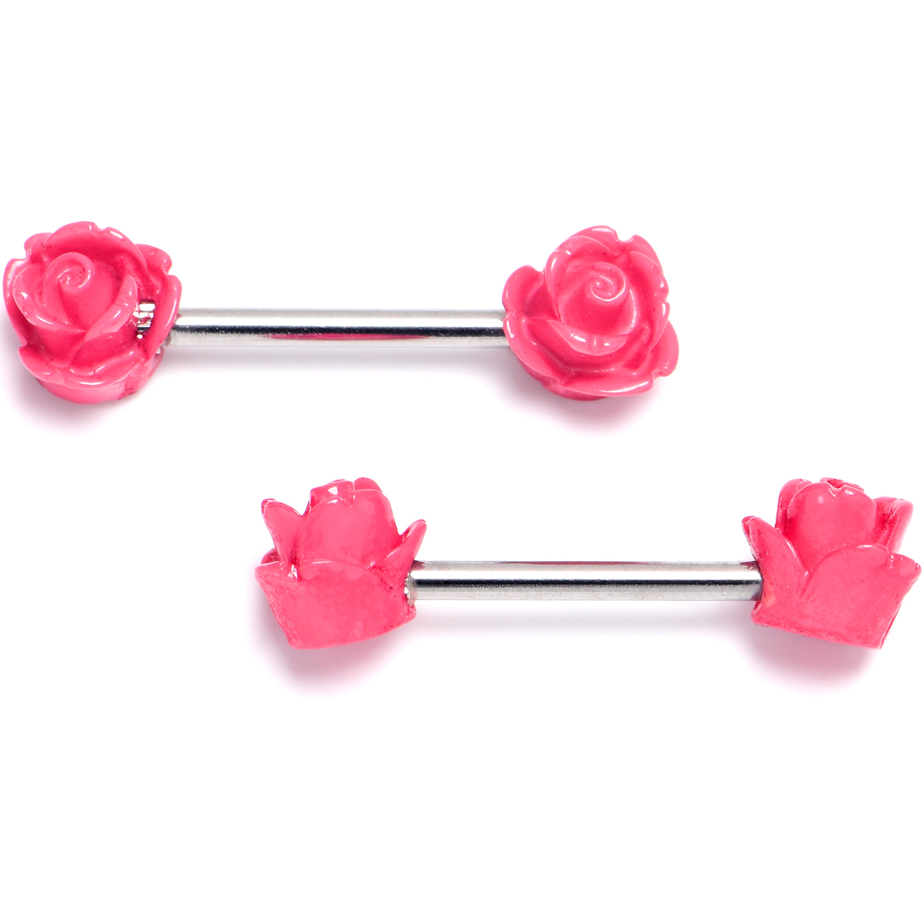 14G 1/2 Open Bloom Rose Pink Barbell Nipple Ring Set