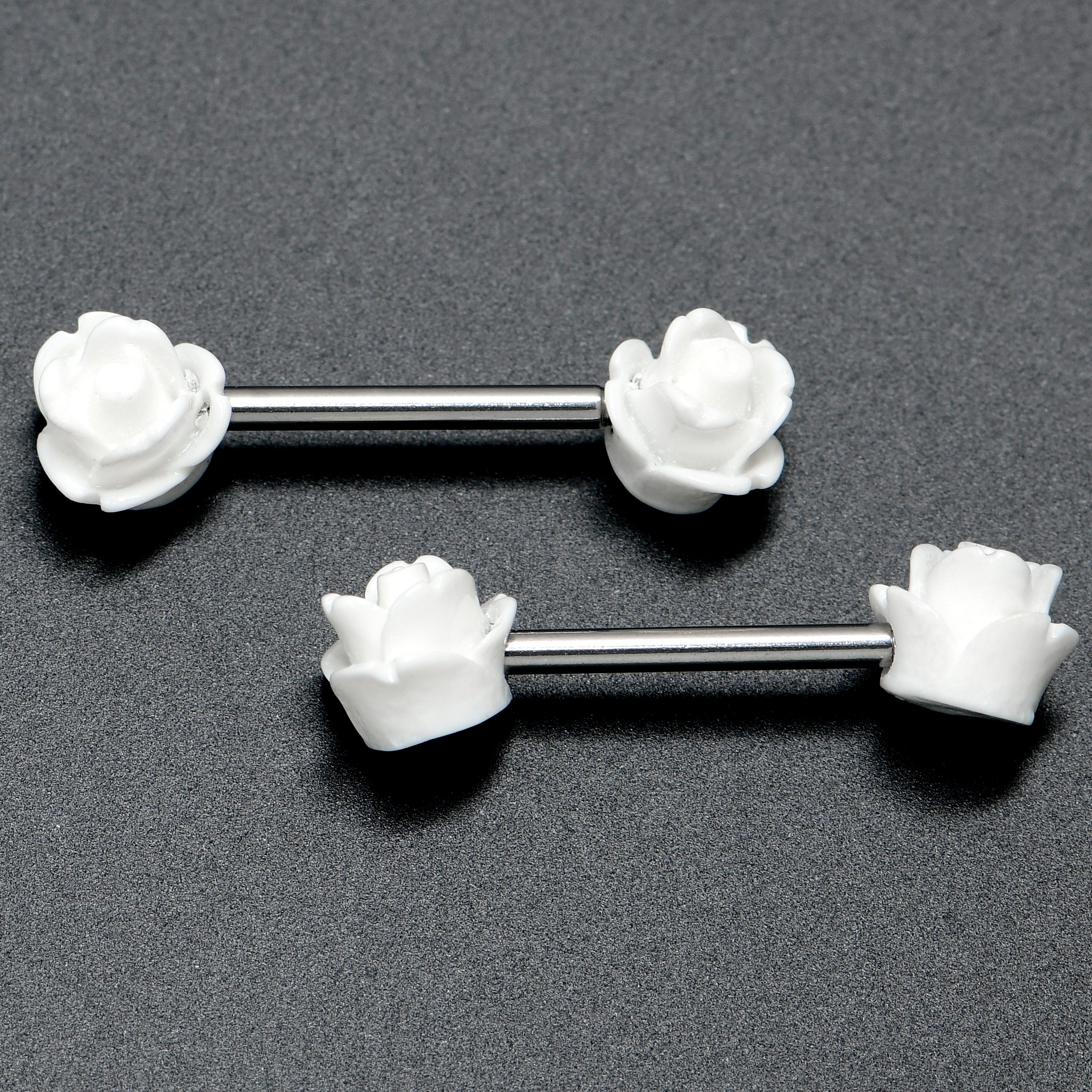 14G 1/2 Open Bloom Rose White Barbell Nipple Ring Set