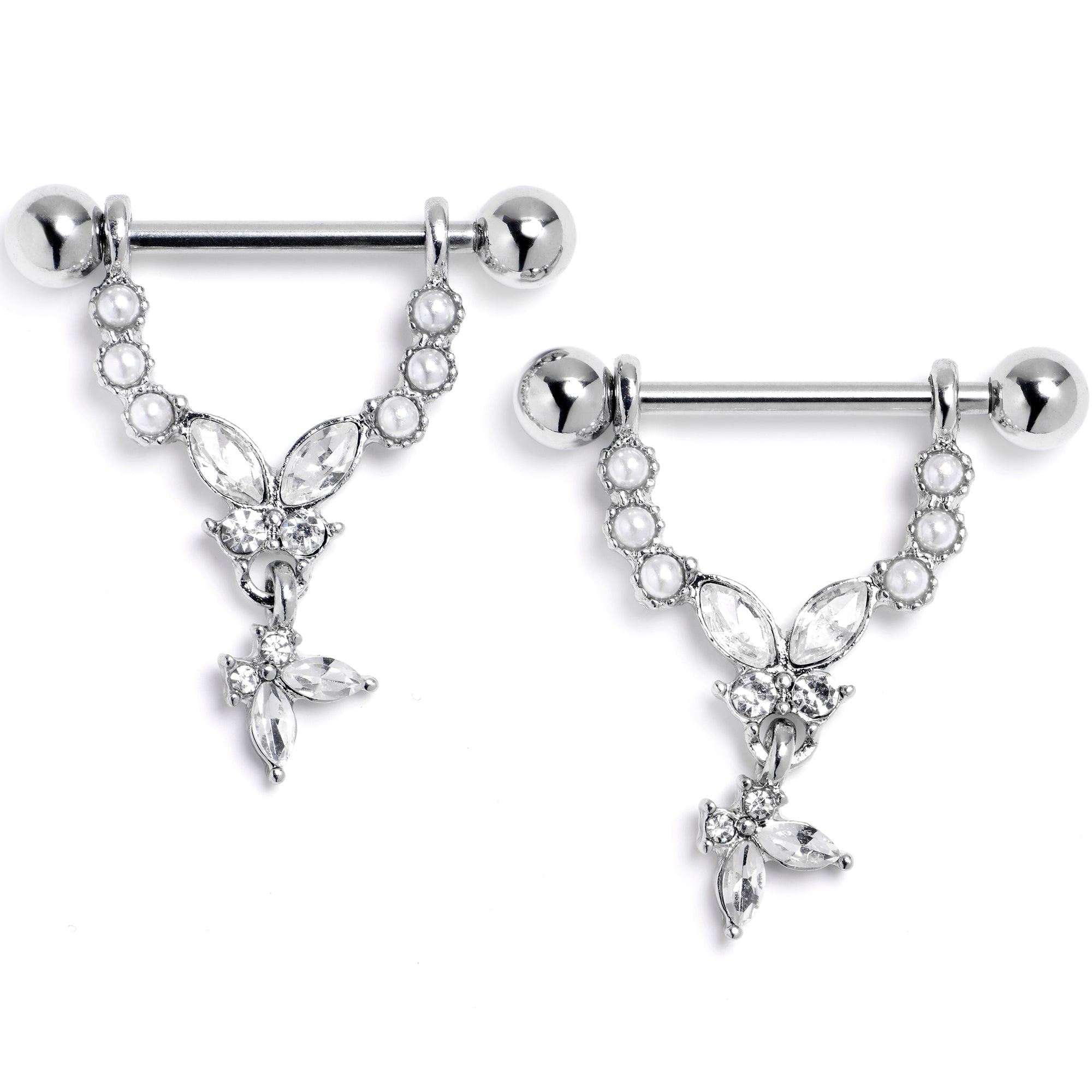 14 Gauge 9/16 Clear Gem Double Butterfly Glam Dangle Nipple Ring Set