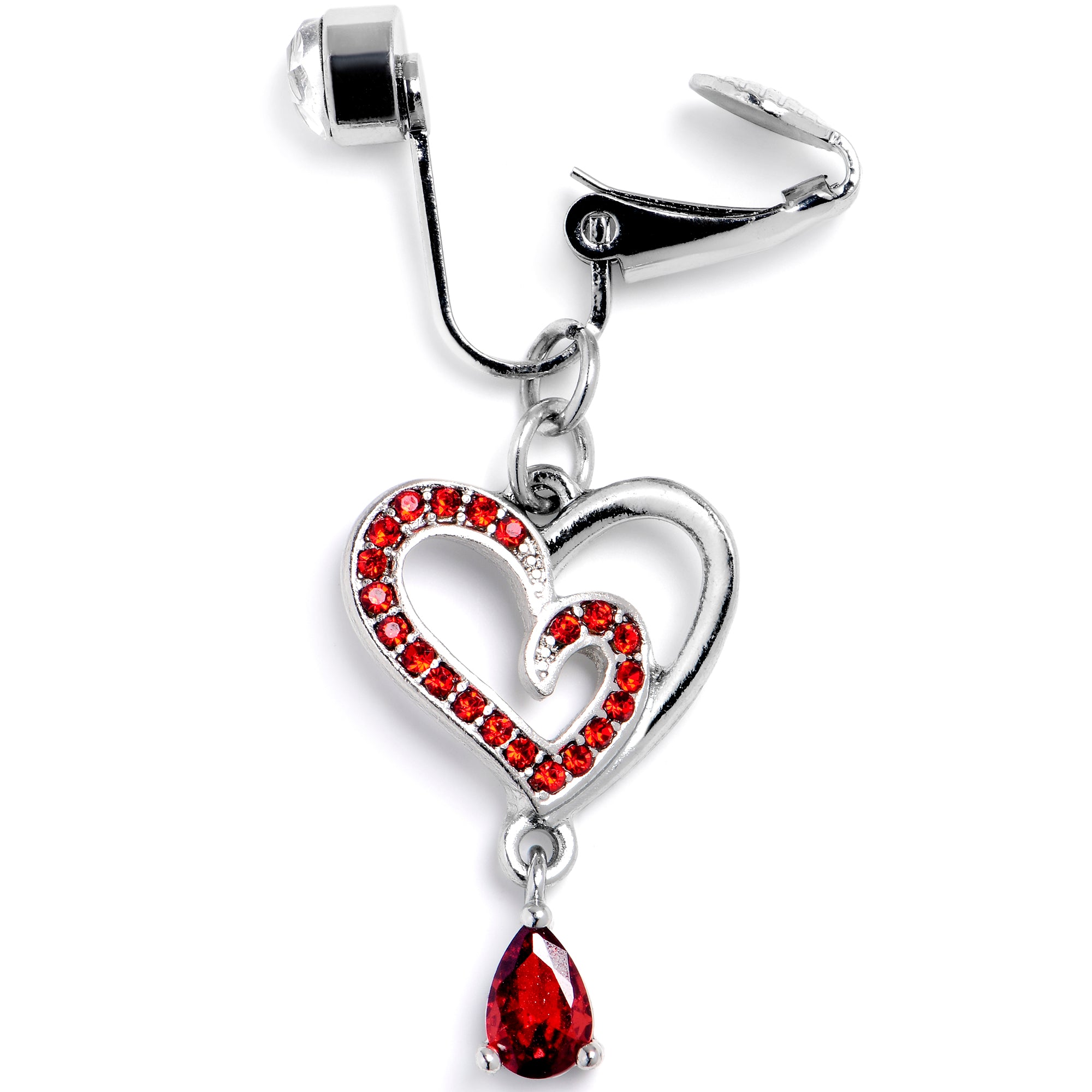 Red CZ Gem Asymmetrical Heart Dangle Clip On Fake Belly Ring