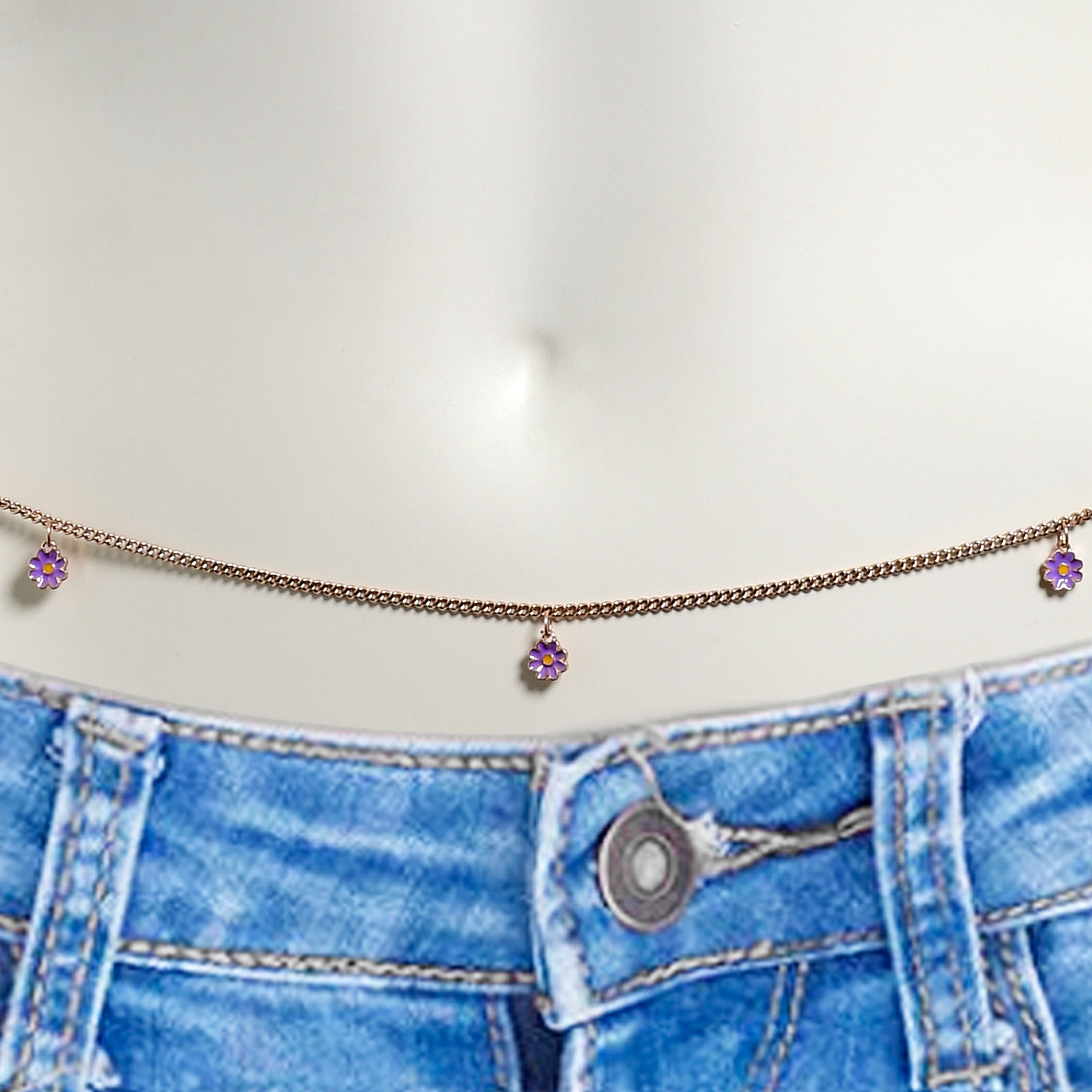 Purple Gem Rose Gold Tone Rounded Dangles Belly Chain
