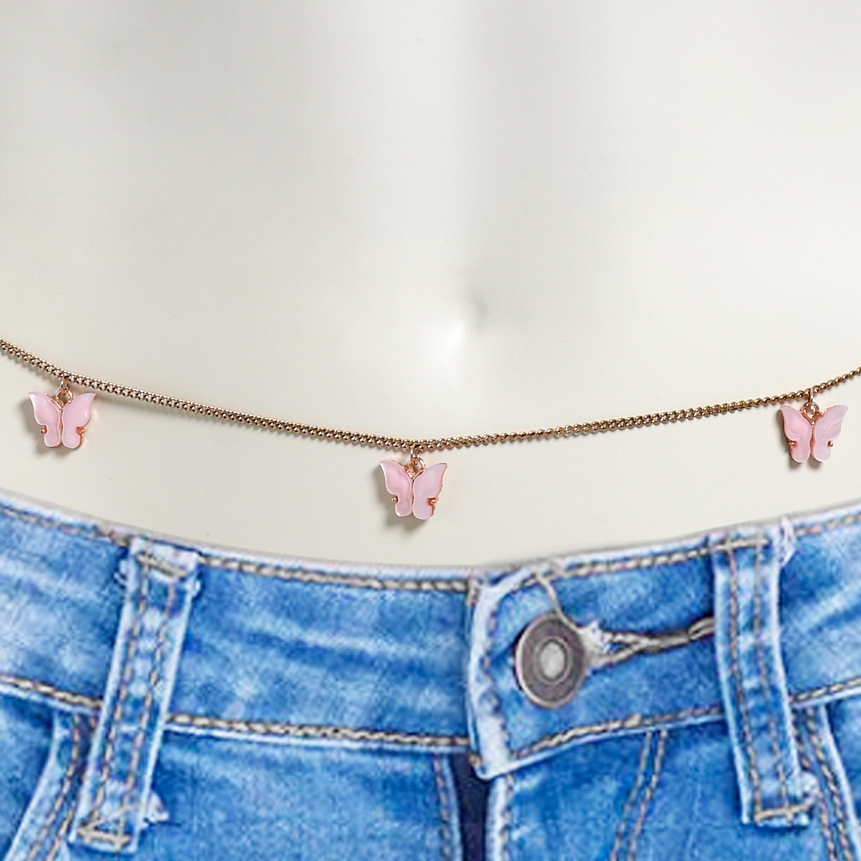 Rose Gold Tone Pink Butterfly Dangle Belly Chain