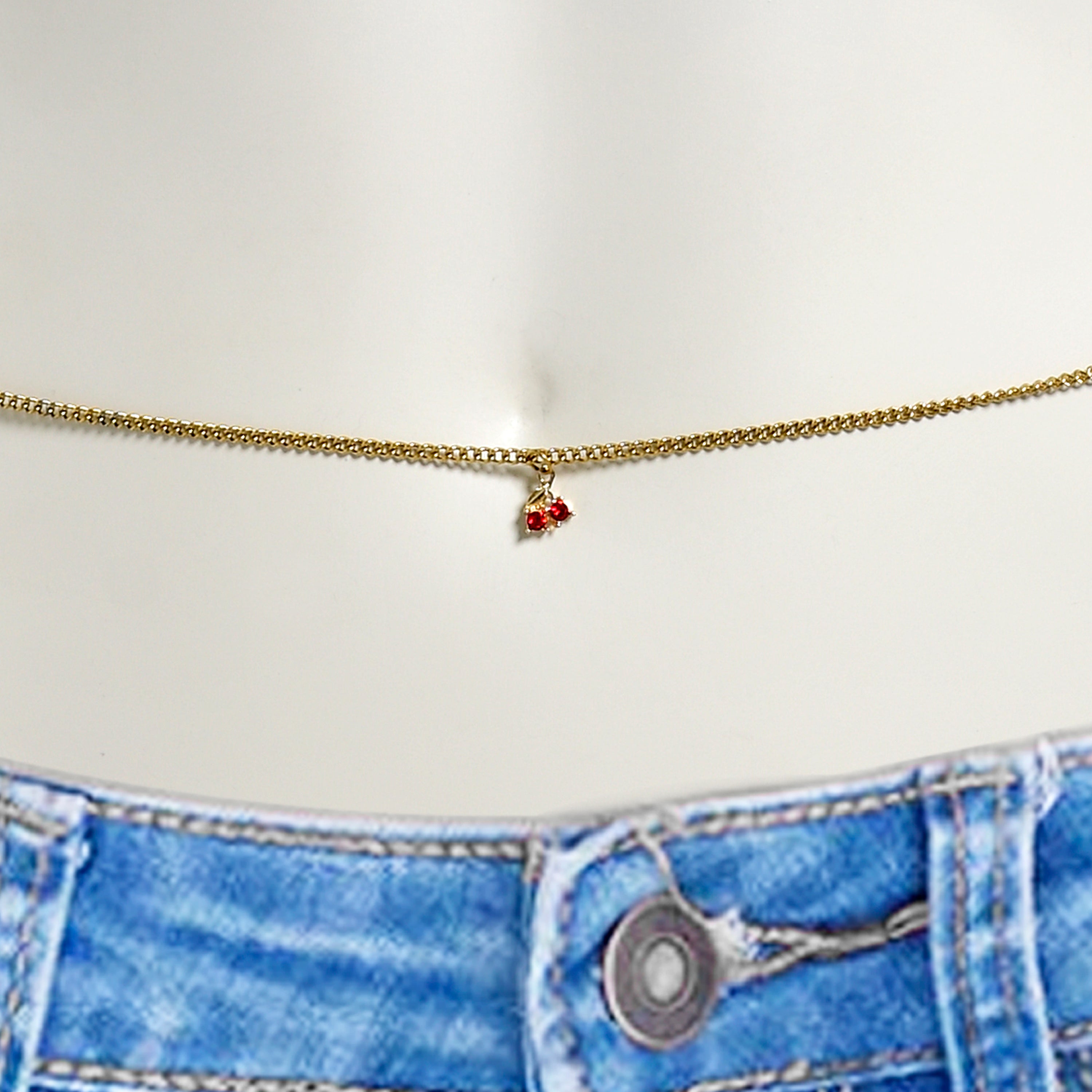 Red Gem Gold Tone Cherry Sweet Dangle Belly Chain