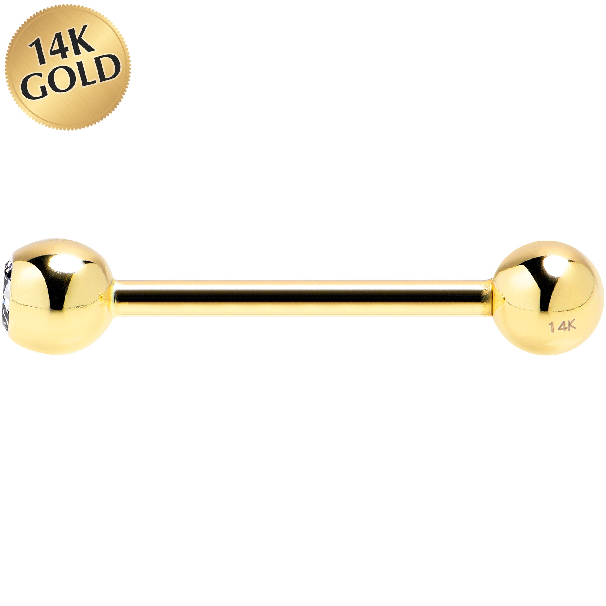 14G 5/8 Cubic Zirconia Solid 14k Yellow Gold Straight Barbell