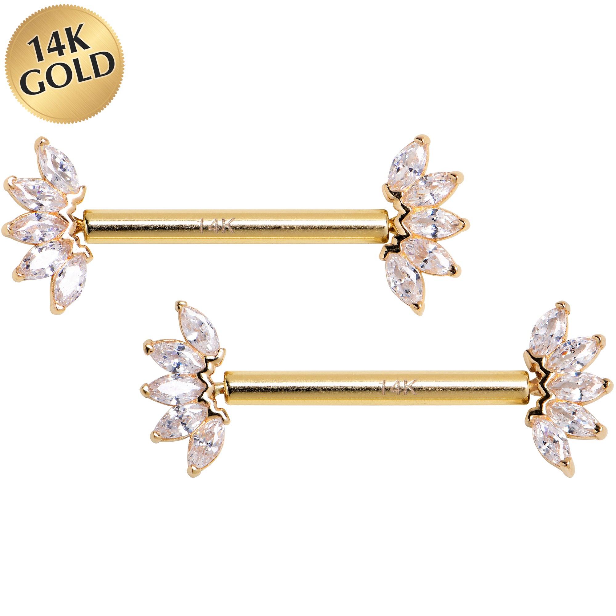 14 Gauge 9/16 Solid 14k Yellow Gold CZ Floral Push In Threadless Nipple Ring Set
