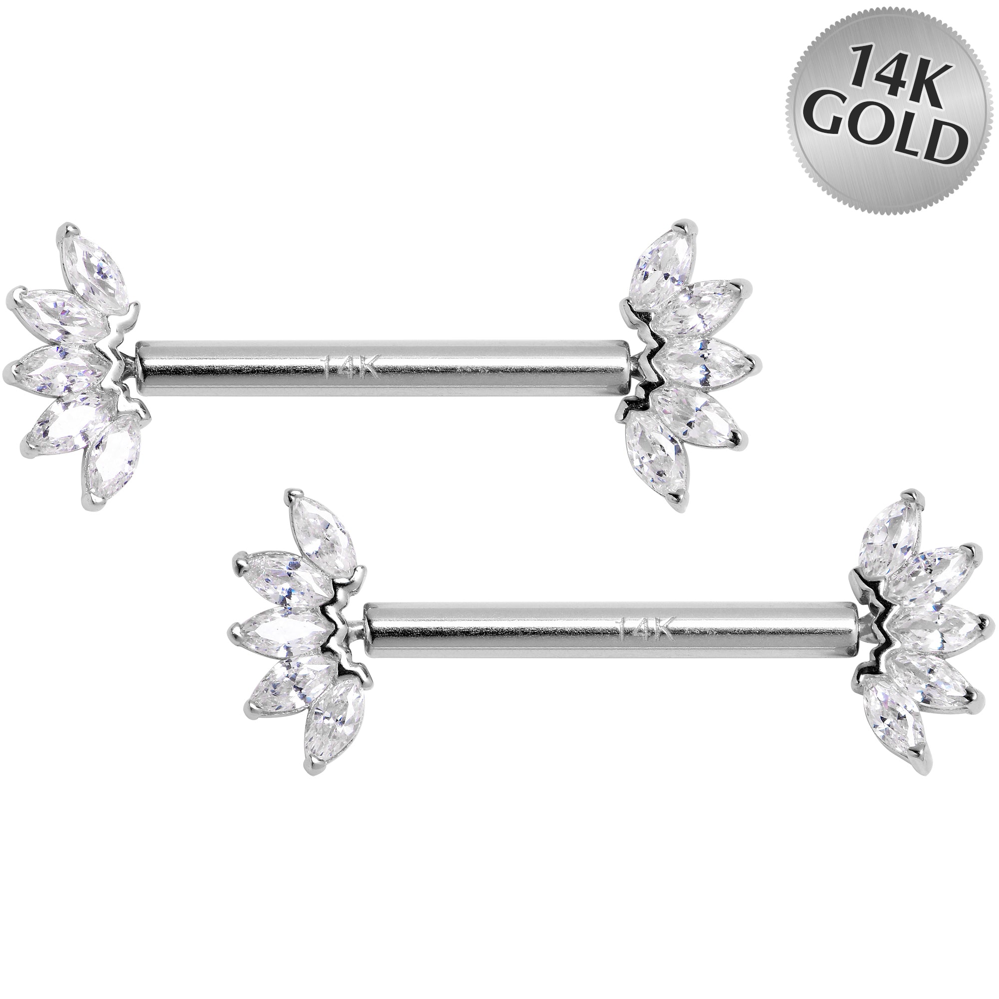 14 Gauge 9/16 Solid 14k White Gold CZ Floral Push In Threadless Nipple Ring Set