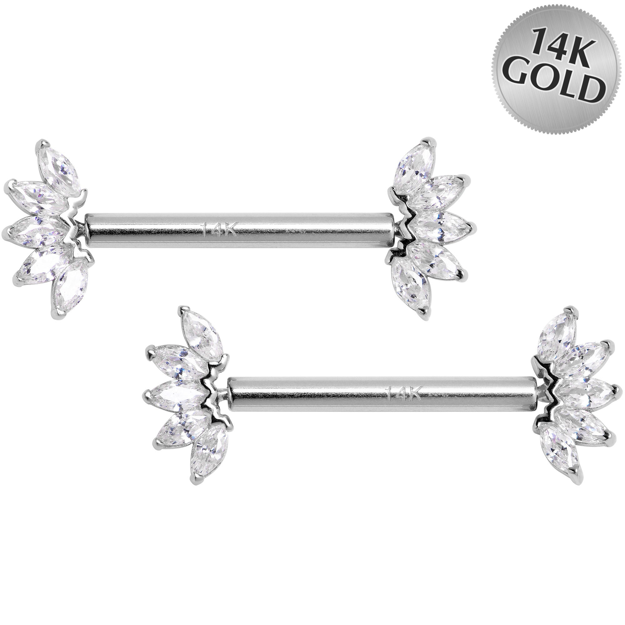 14G 9/16 Solid 14k White Gold CZ Floral Push In Threadless Nipple Ring Set