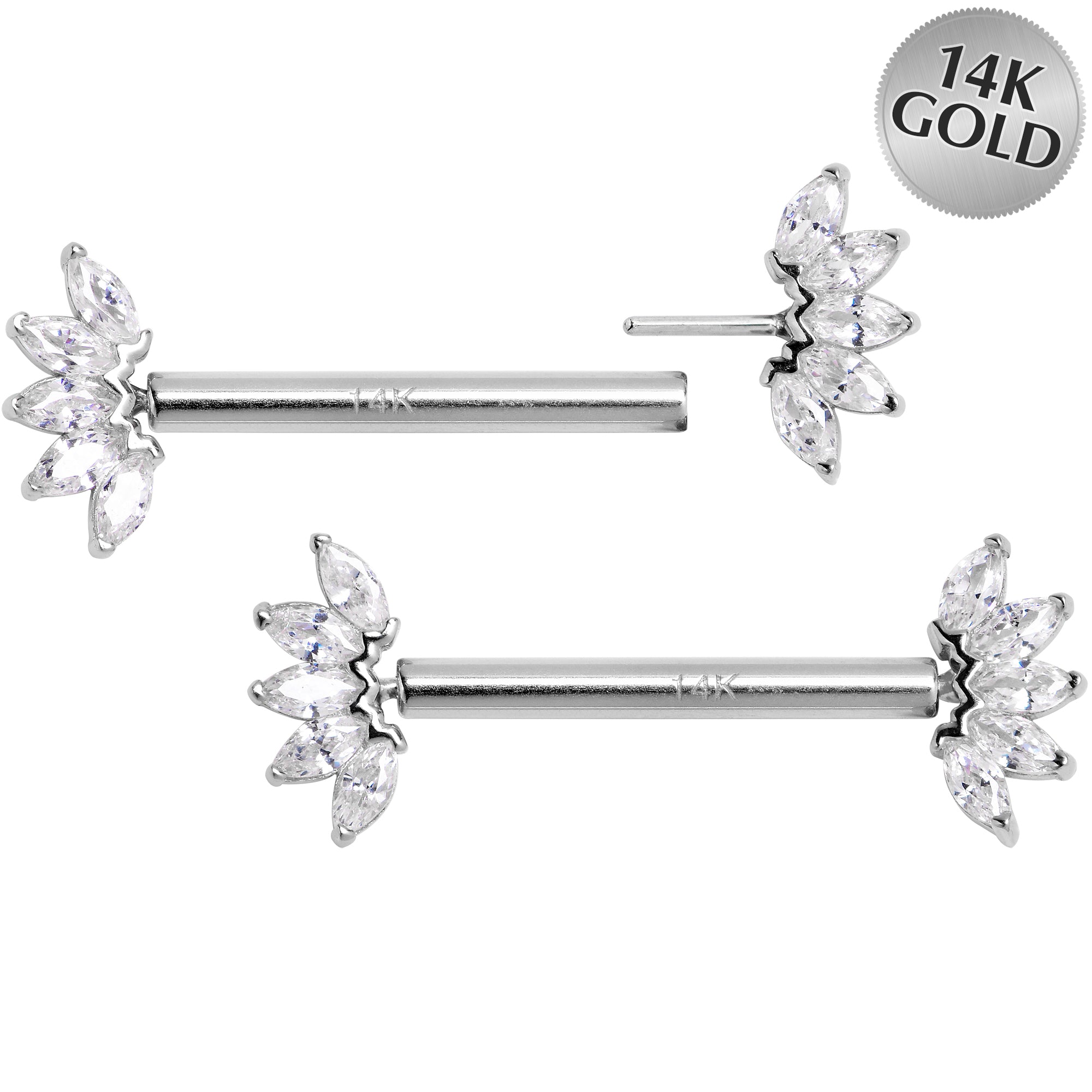 14 Gauge 9/16 Solid 14k White Gold CZ Floral Push In Threadless Nipple Ring Set