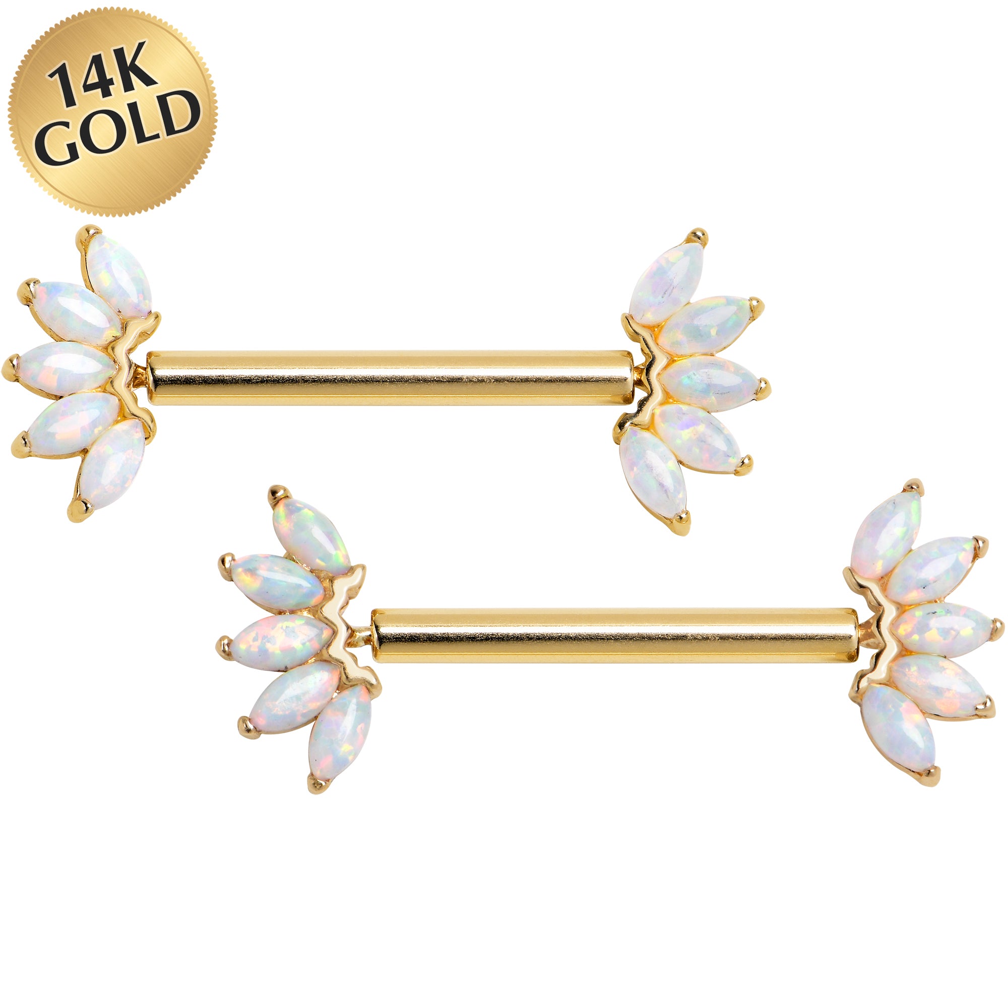 14 Gauge 9/16 Solid 14k Yellow Gold Synthetic Opal Floral Push In Threadless Nipple Ring Set