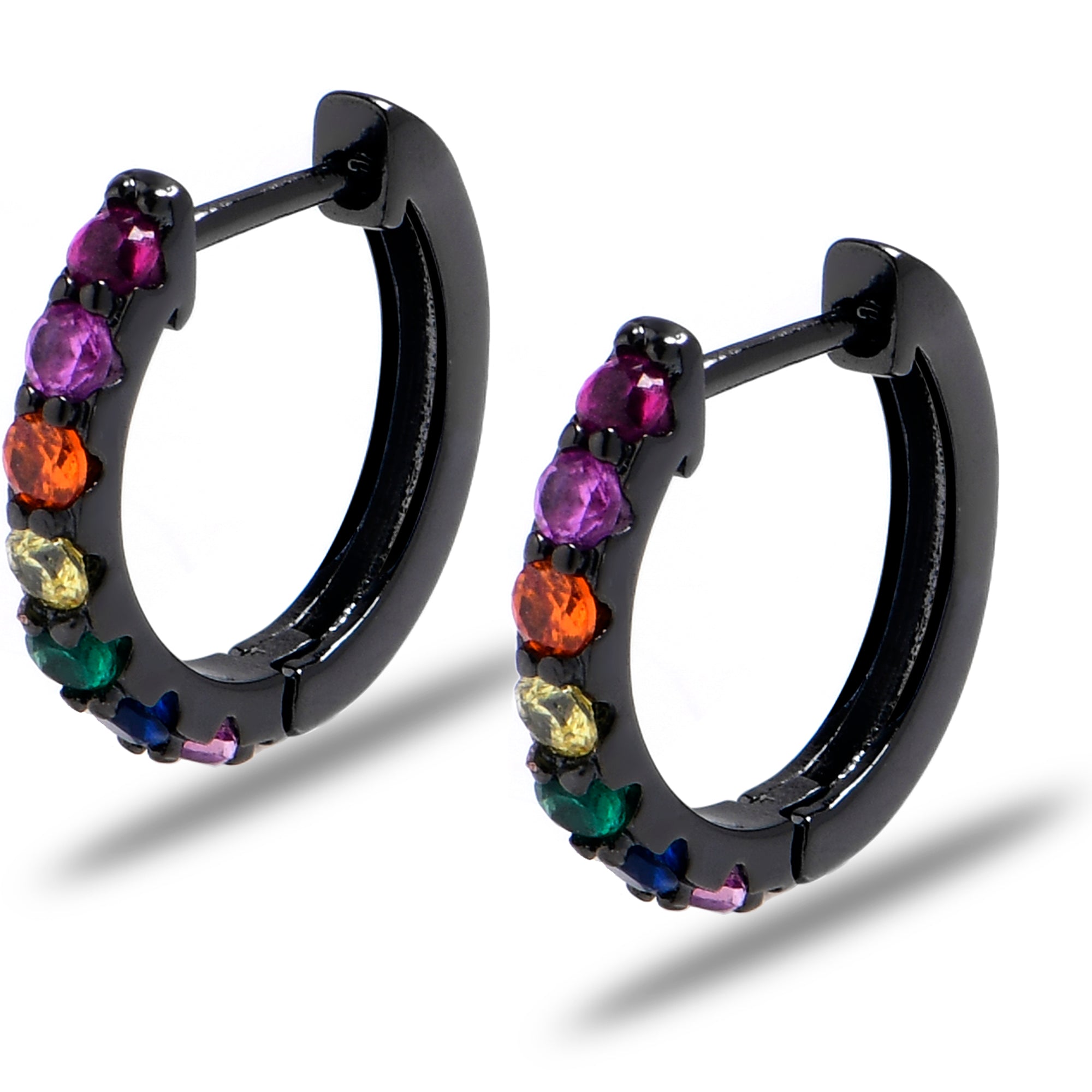 12mm Unisex Black Rainbow Gem Stainless Steel Hinged Huggie Hoop Earrings
