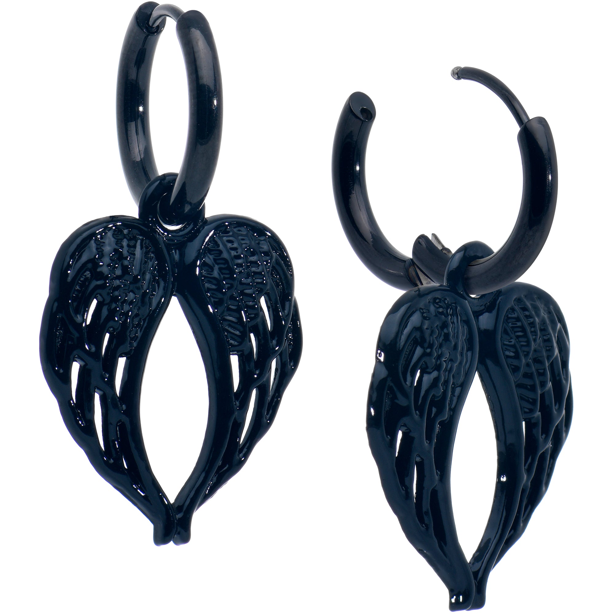 Stainless Steel Hinged Huggie Hoop Angel Wings Dangle Earrings