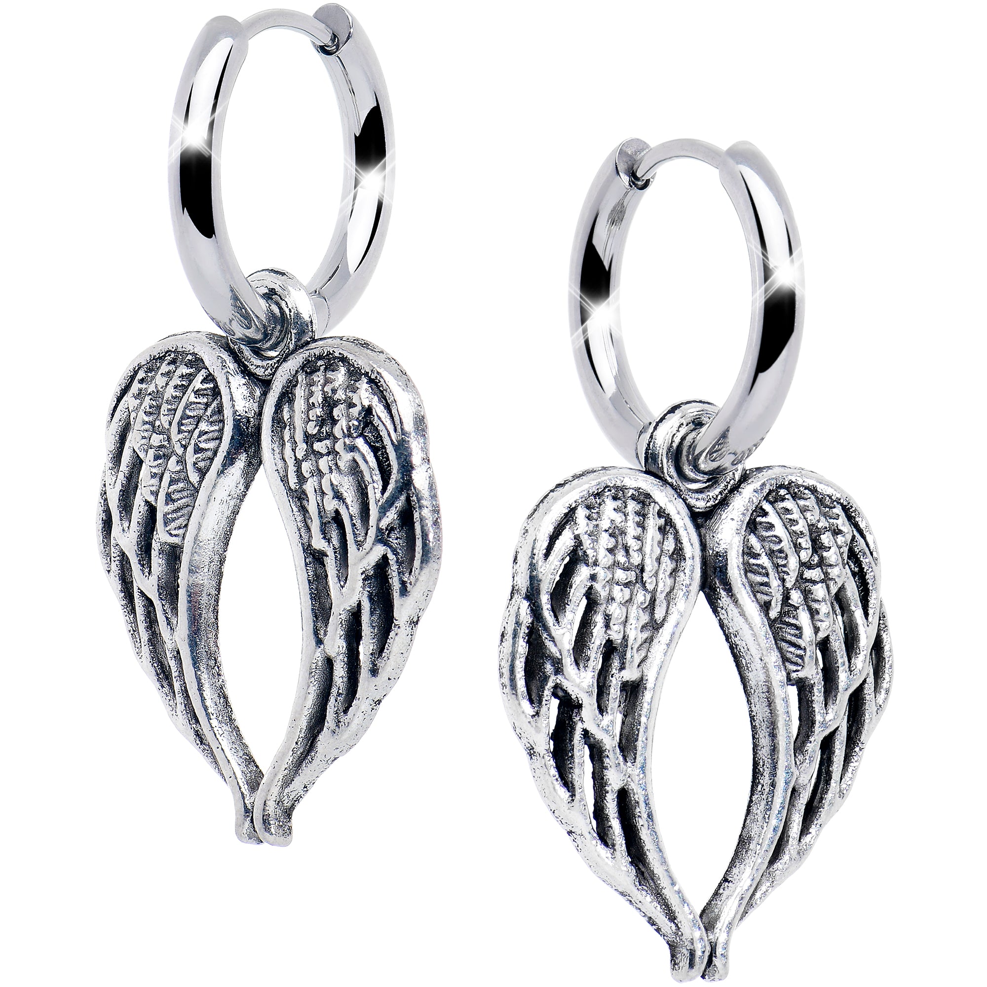 Black Stainless Steel Hinged Huggie Hoop Angel Wing Dangle Earrings
