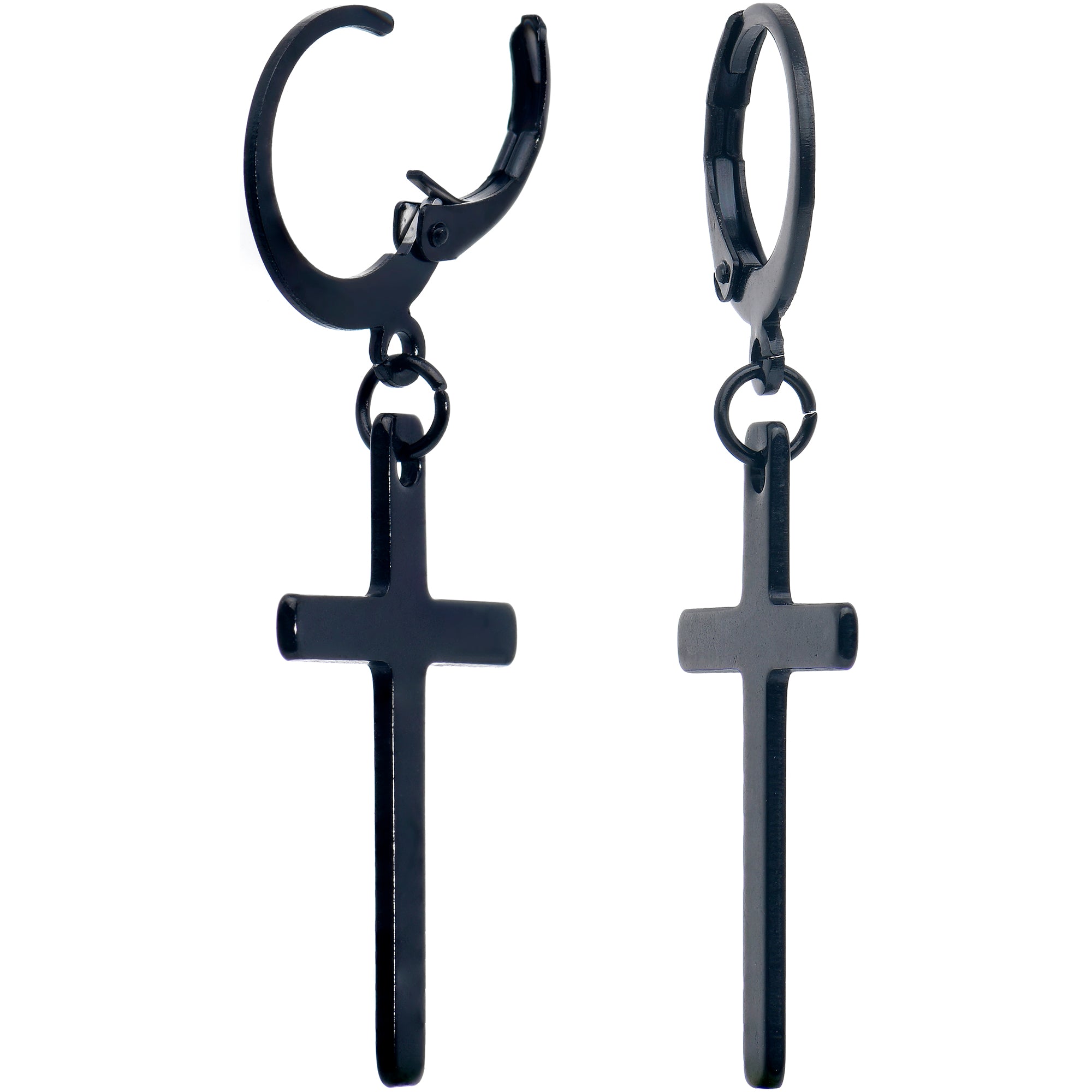 Black Stainless Steel Hinged Huggie Hoop Cross Dangle Earrings