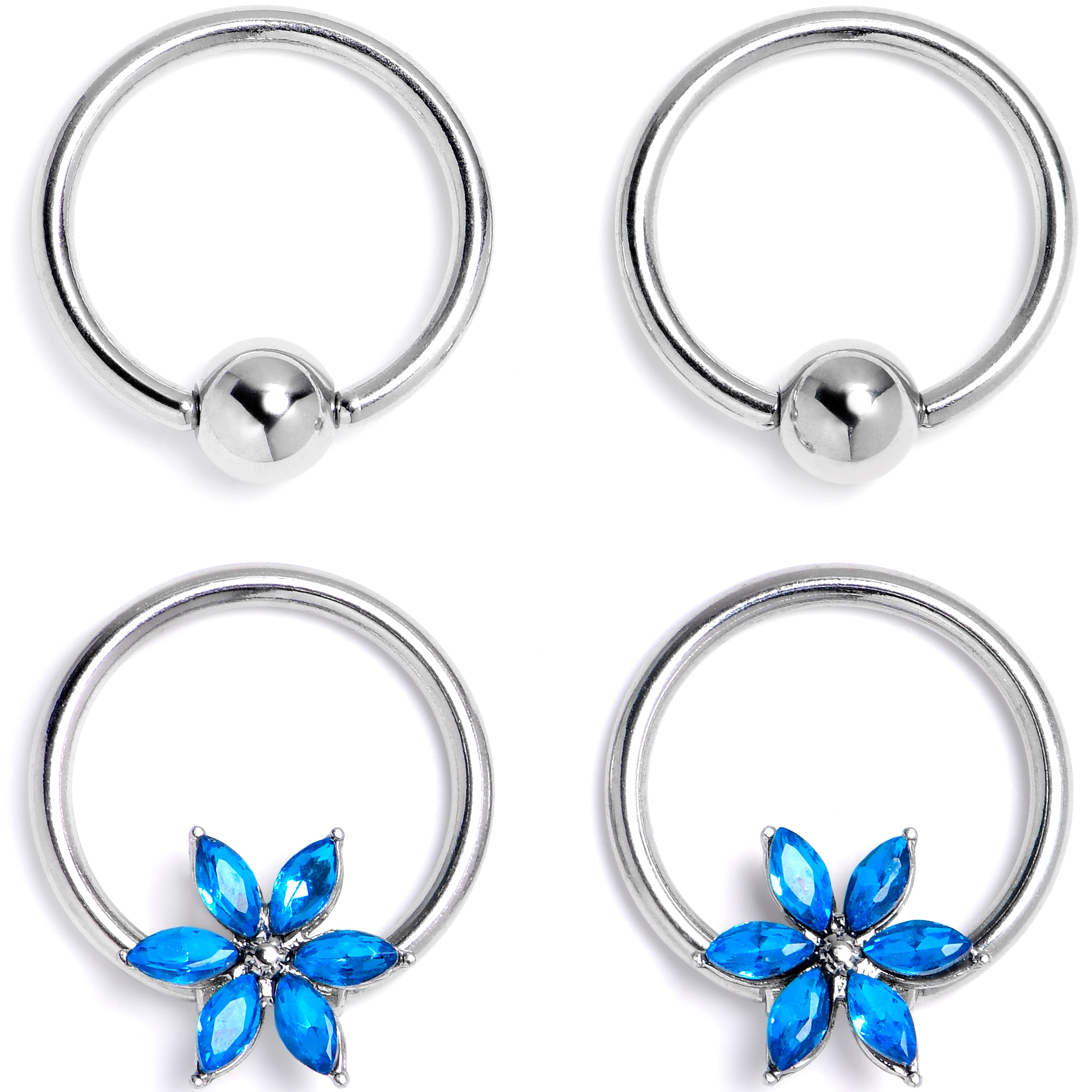 16G 3/8 Blue Gem Flower Blossom BCR Captive Ring Set of 4