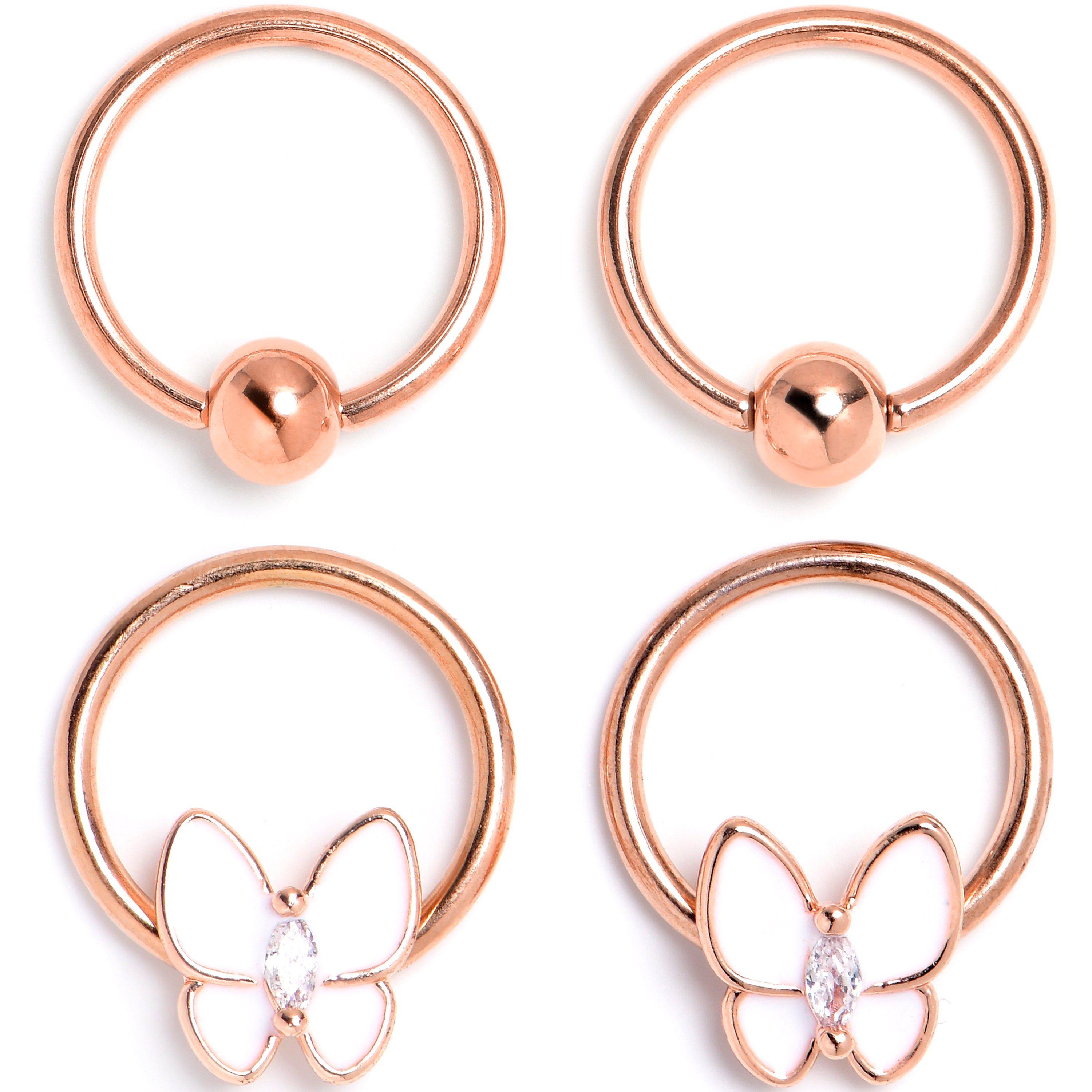 16G 3/8 Clear Gem Rose Gold Tone Butterfly BCR Captive Ring Set of 4