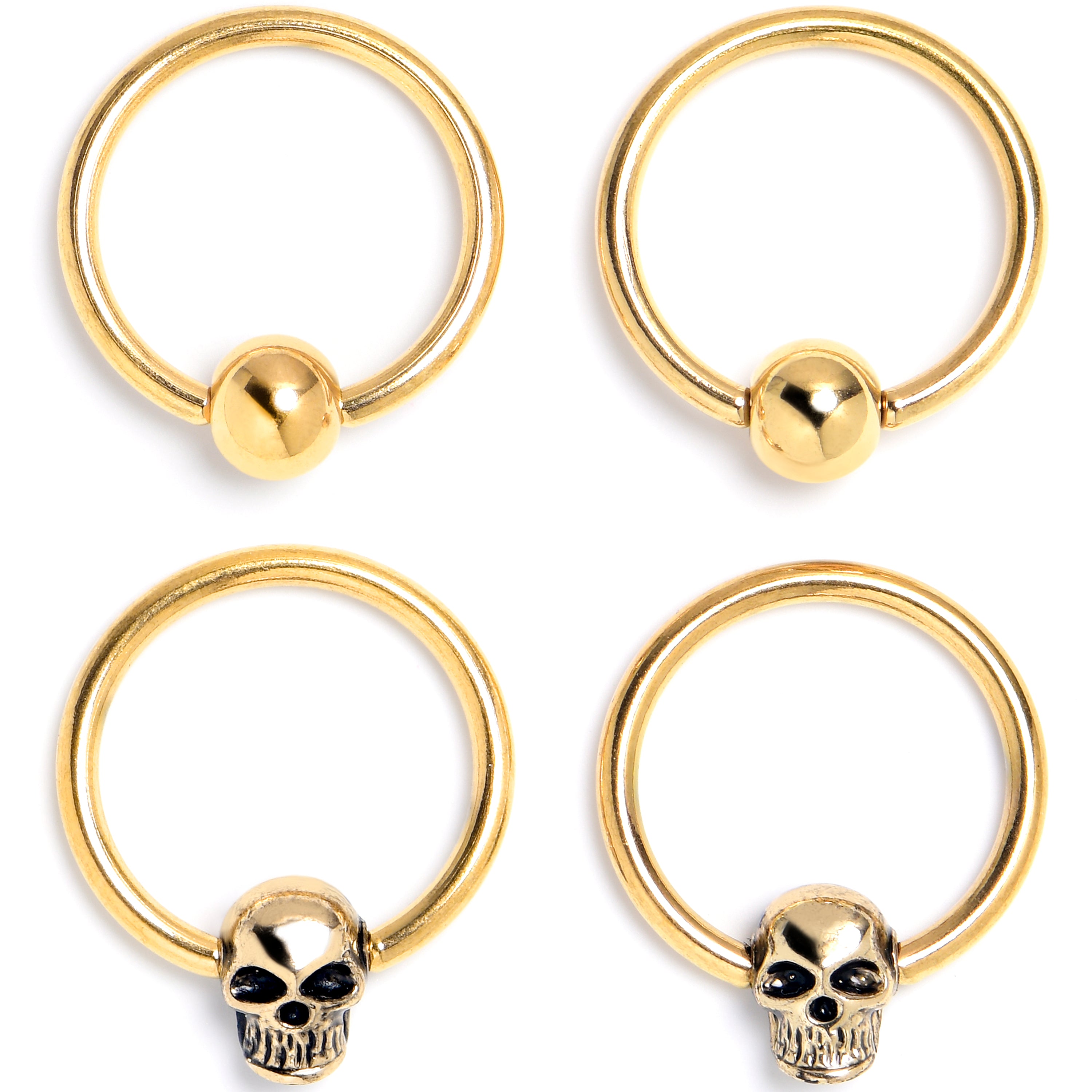 16 Gauge 3/8 Gold Tone Gothic Skulls BCR Captive Ring Set of 4