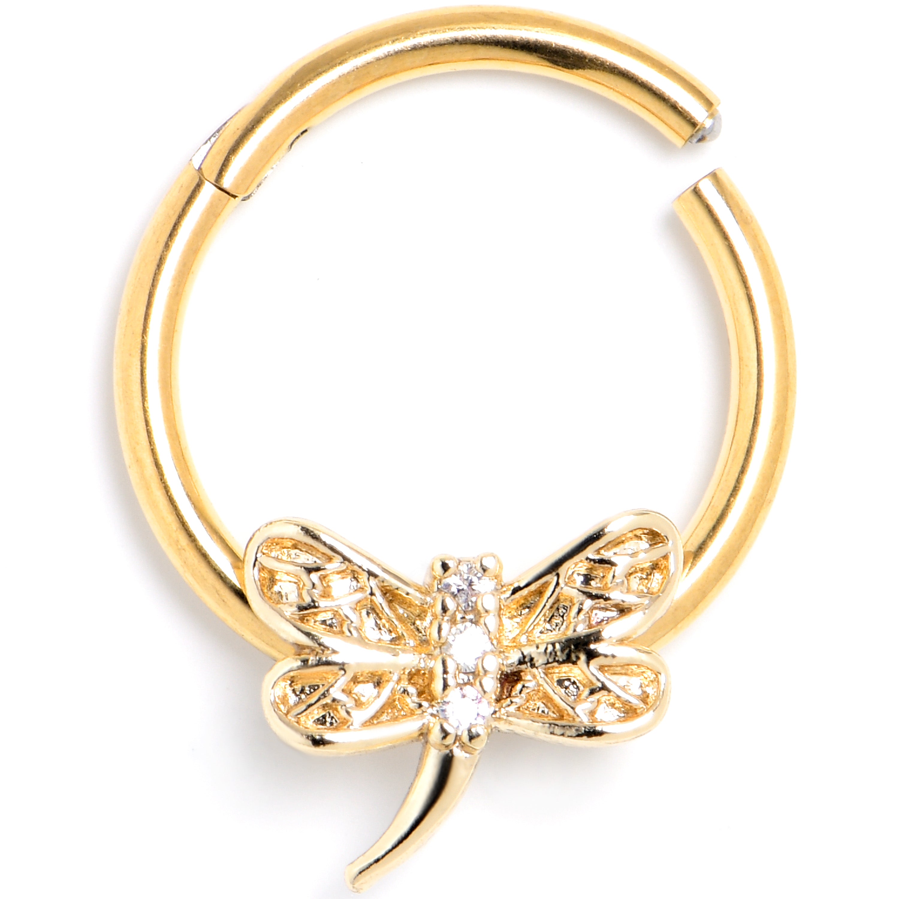 16G 3/8 Clear Gem Gold Tone Dragonfly Deluxe Hinged Segment Ring