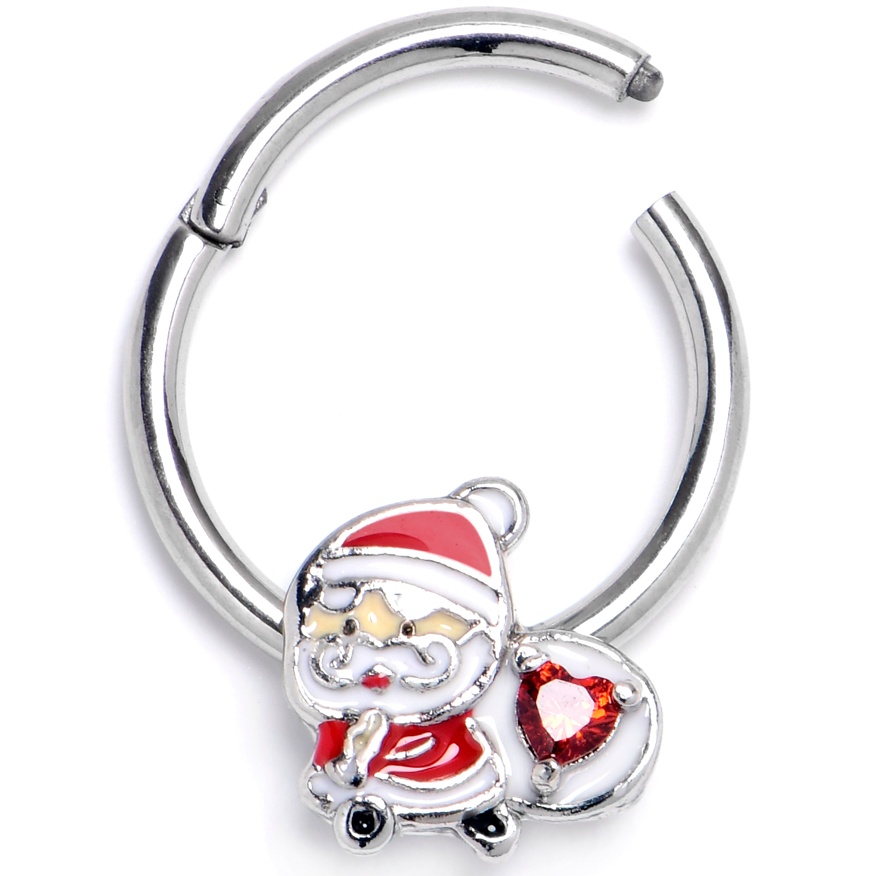 16G 3/8 Red Gem Santa Bag Heart Hinged Segment Ring