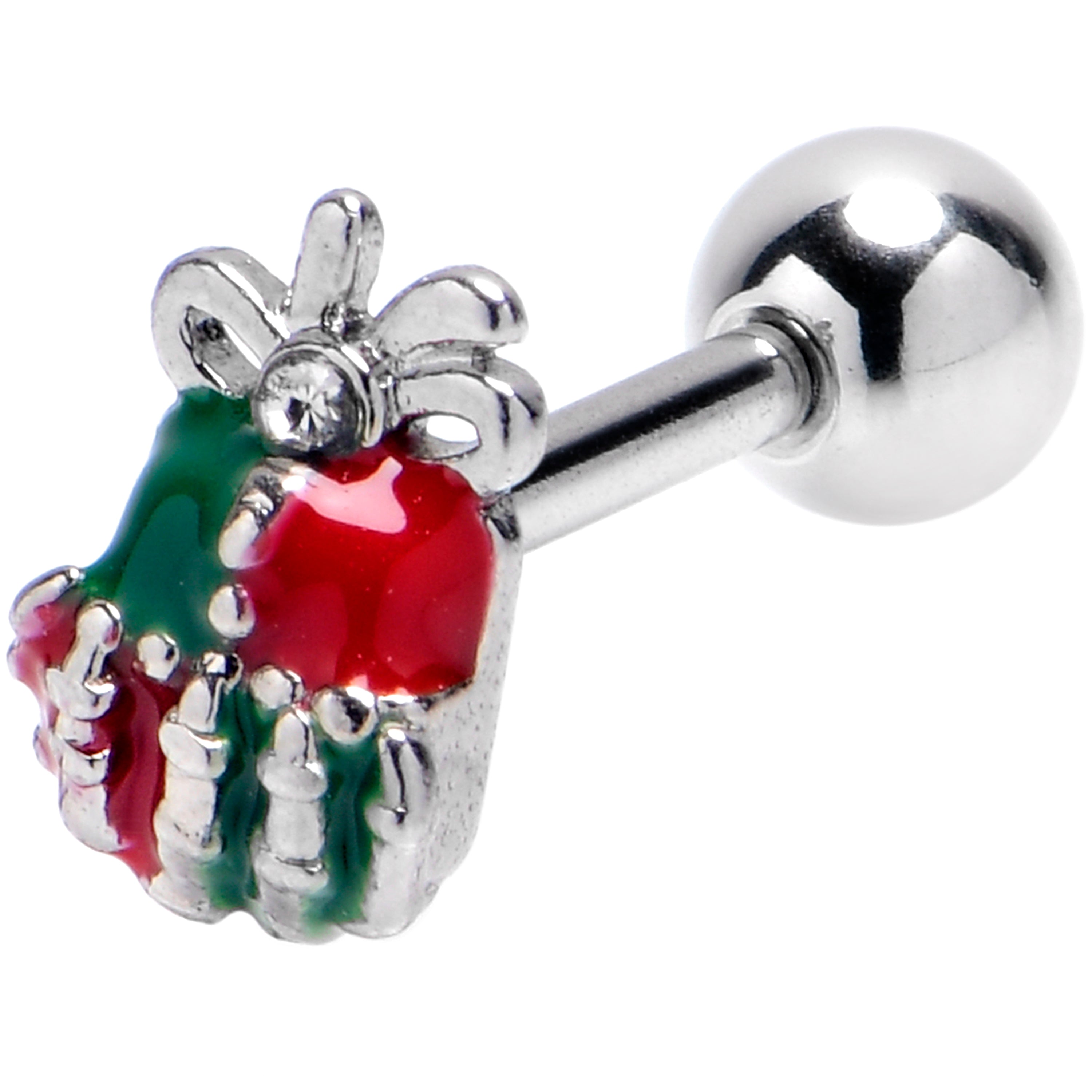 16G 1/4 Clear Gem Skeleton Hand Present Cartilage Tragus Earring