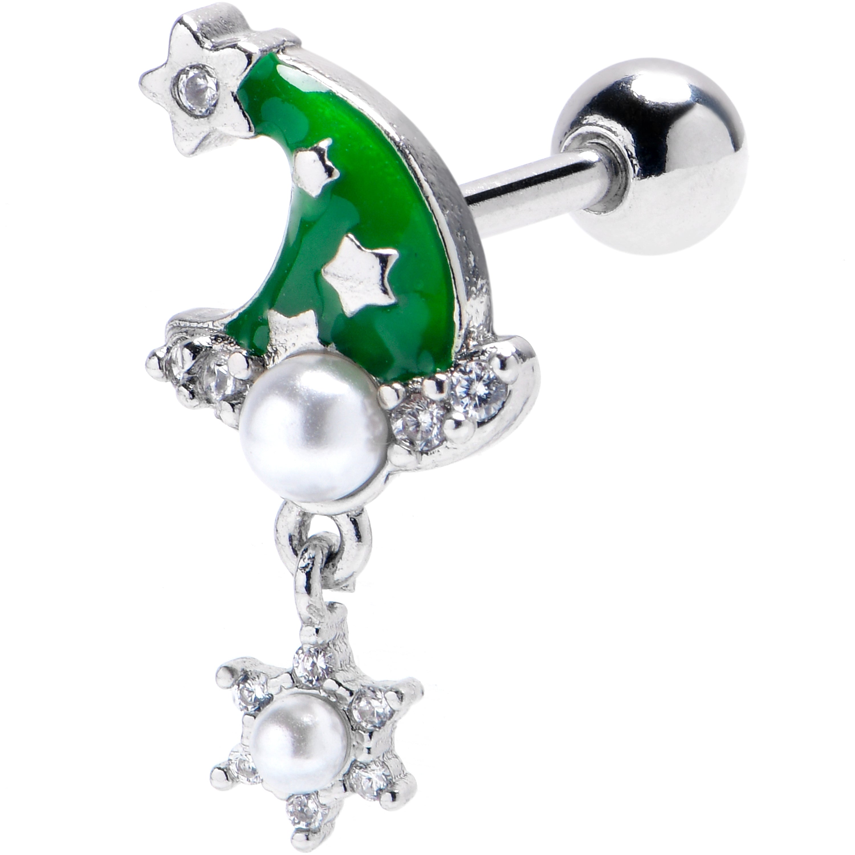 16G 1/4 Clear Gem Santa Hat Stars Green Dangle Cartilage Earring