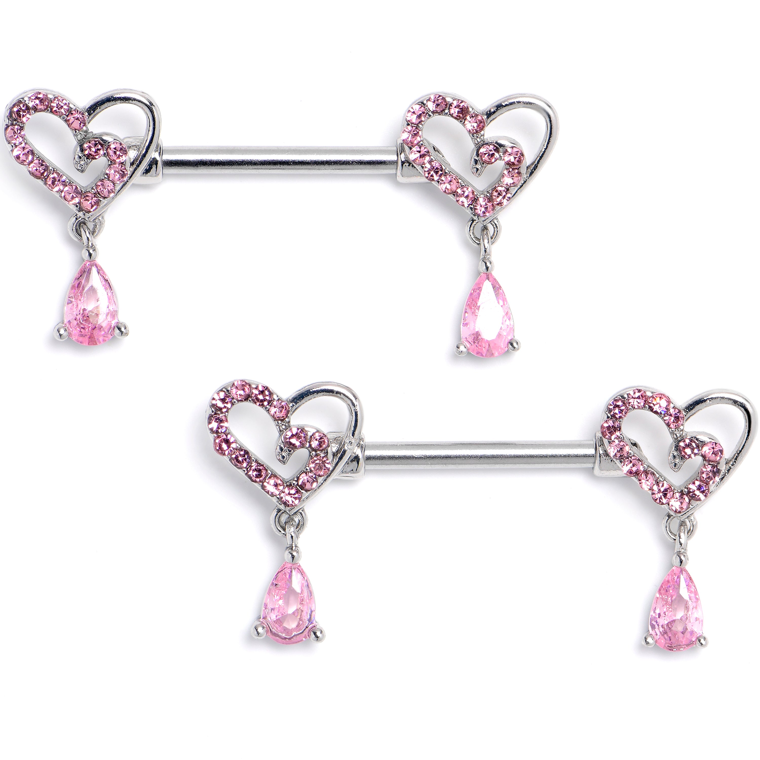 14 Gauge 9/16 Pink CZ Gem Asymmetrical Heart Dangle Nipple Ring Set